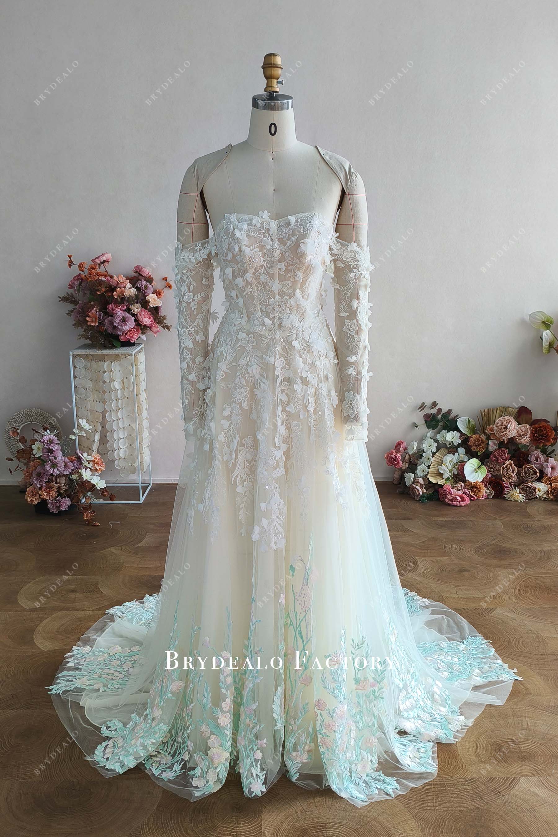 Custom Off Shoulder Colored Wild Lace Wedding Dress