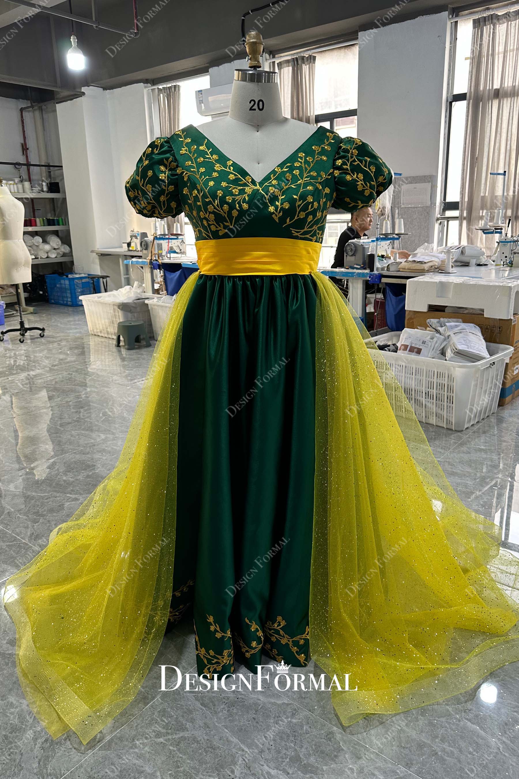 custom plus size gold overskirt green satin dress