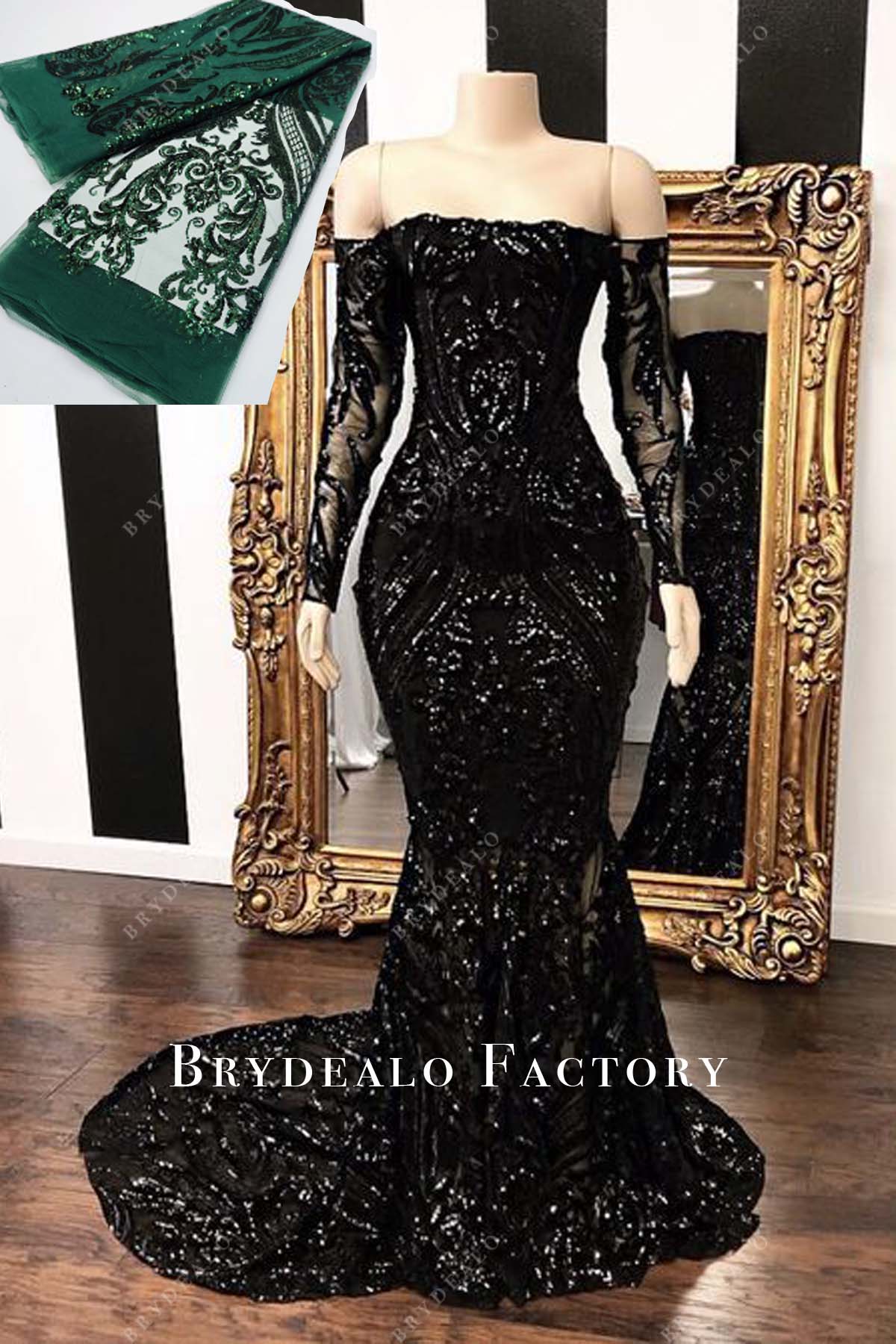Custom Green Sequin Off Shoulder Mermaid Prom Dress