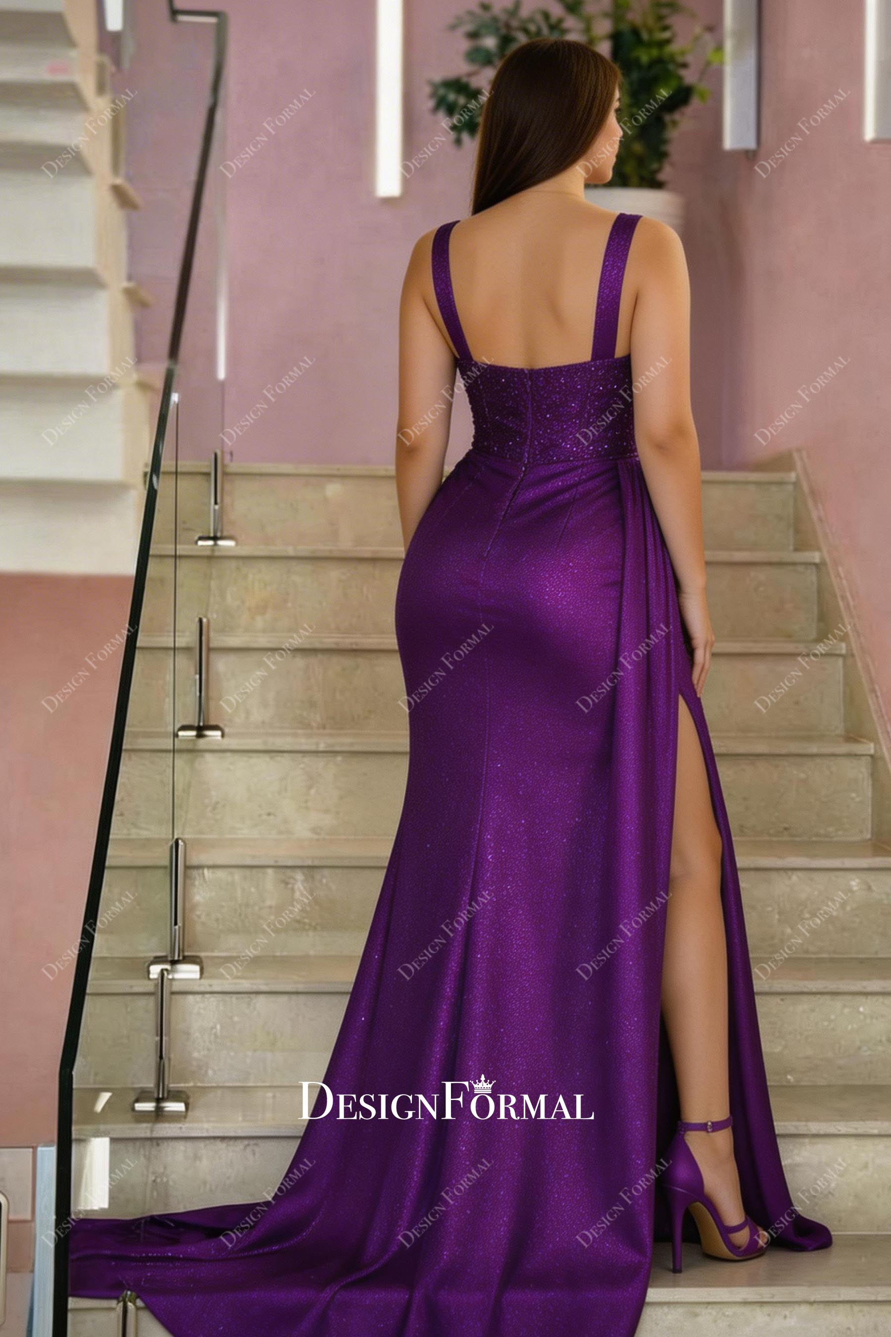 Custom Shimmery Purple Straps Slit Side Panel Prom Dress