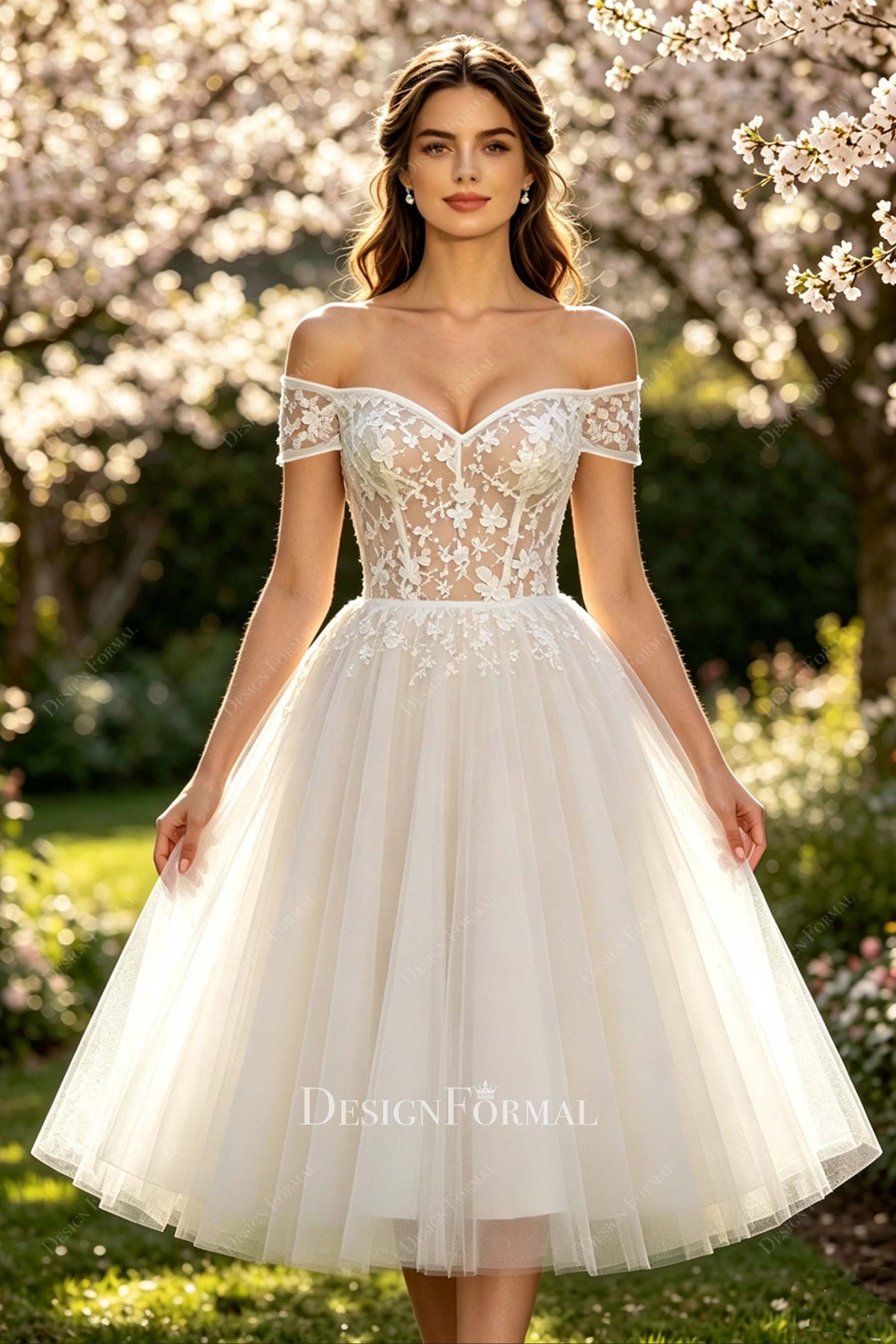 Custom Short Sleeve Off Shoulder Lace A-line Wedding Dress