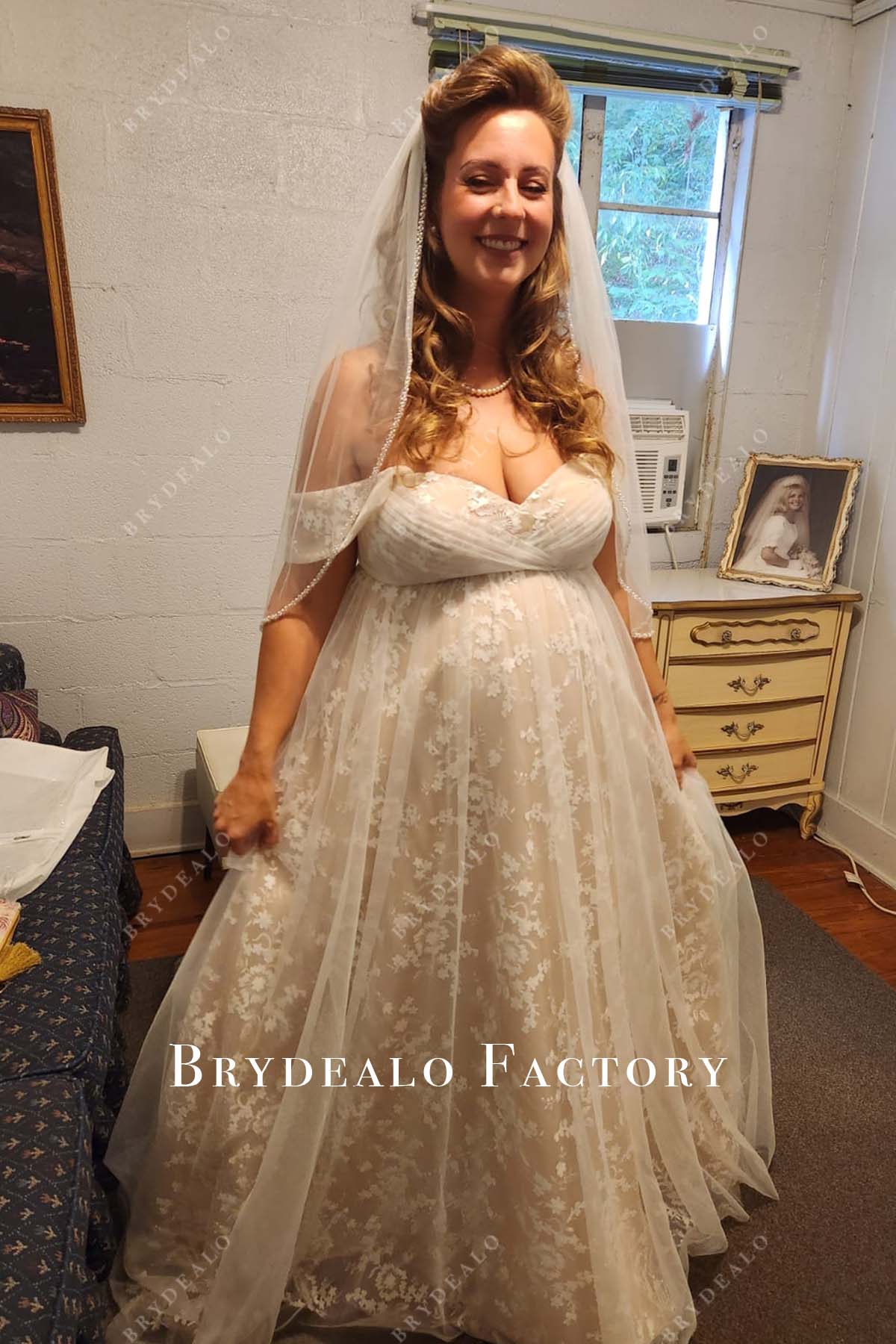 customer off shoulder pregnant wedding dress photo