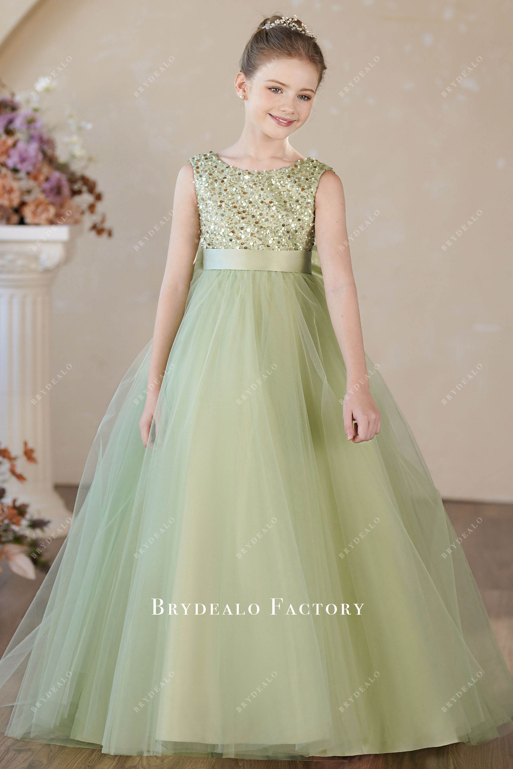 sleeveless sage floor length children pageant dress