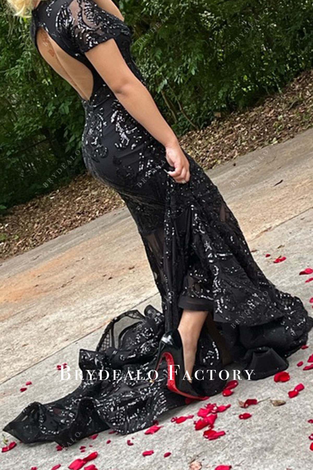 cutout back black mermaid long train prom dress