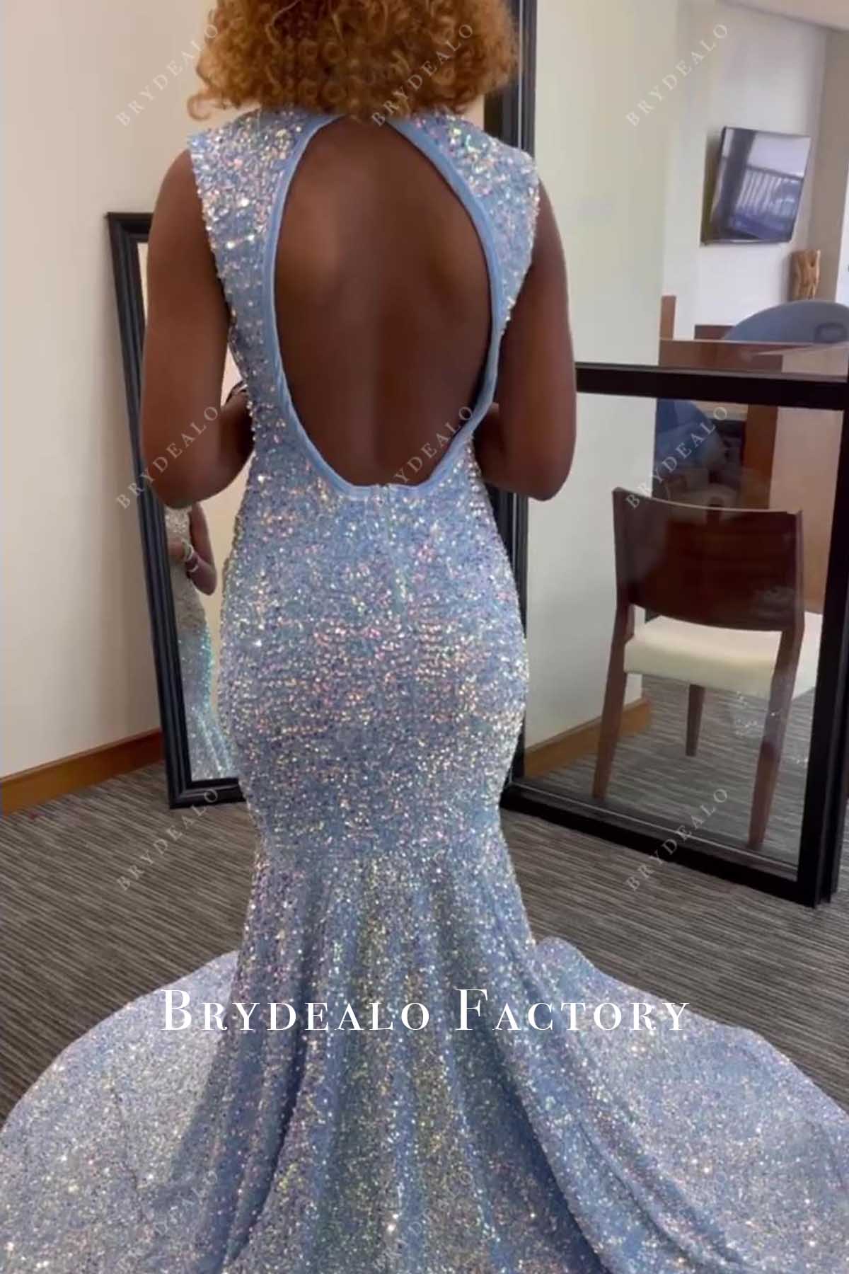 cutout back sleeveless blue sequin mermaid prom dress