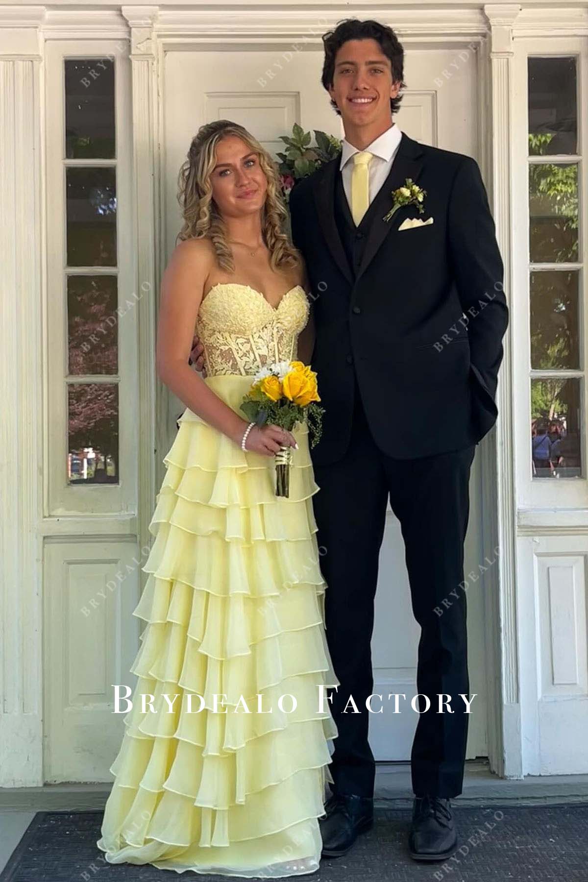 daffodil lace appliques strapless homecoming dress