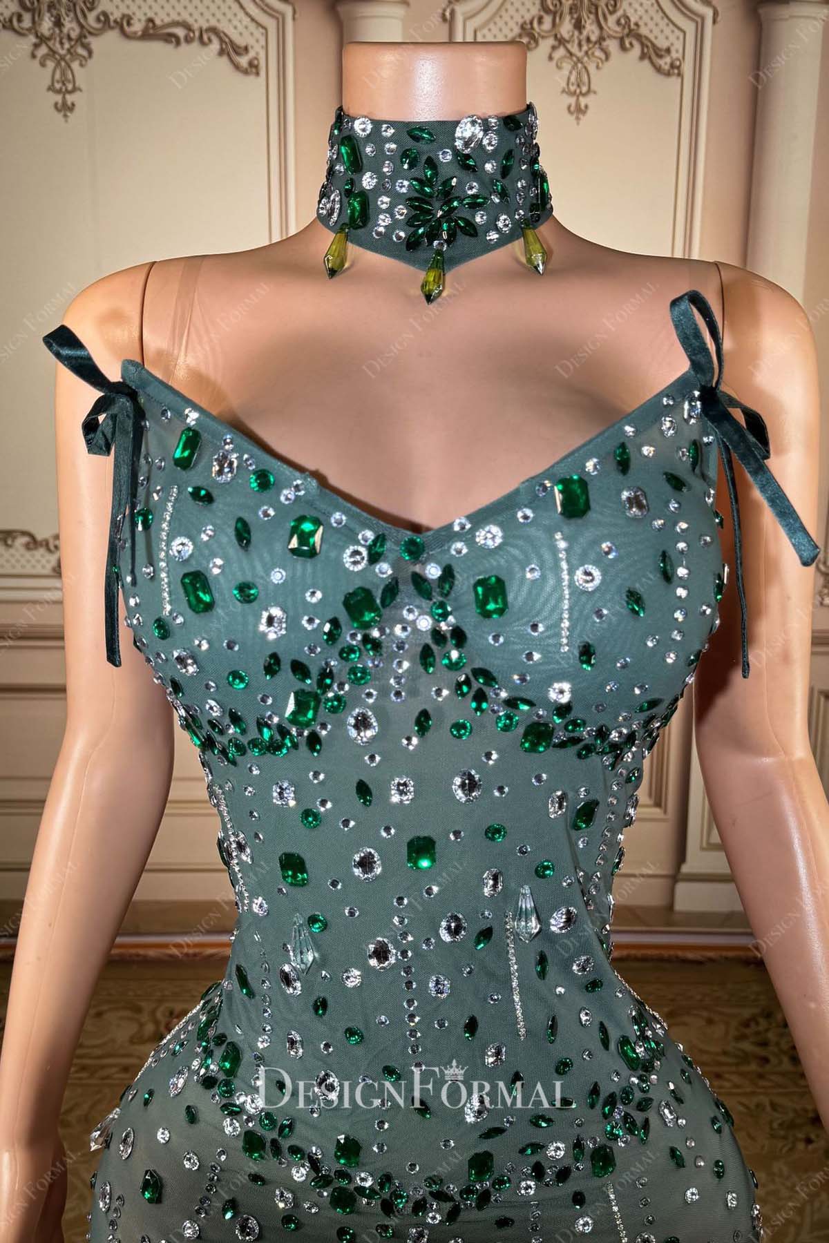 dark green crystals choker prom dress
