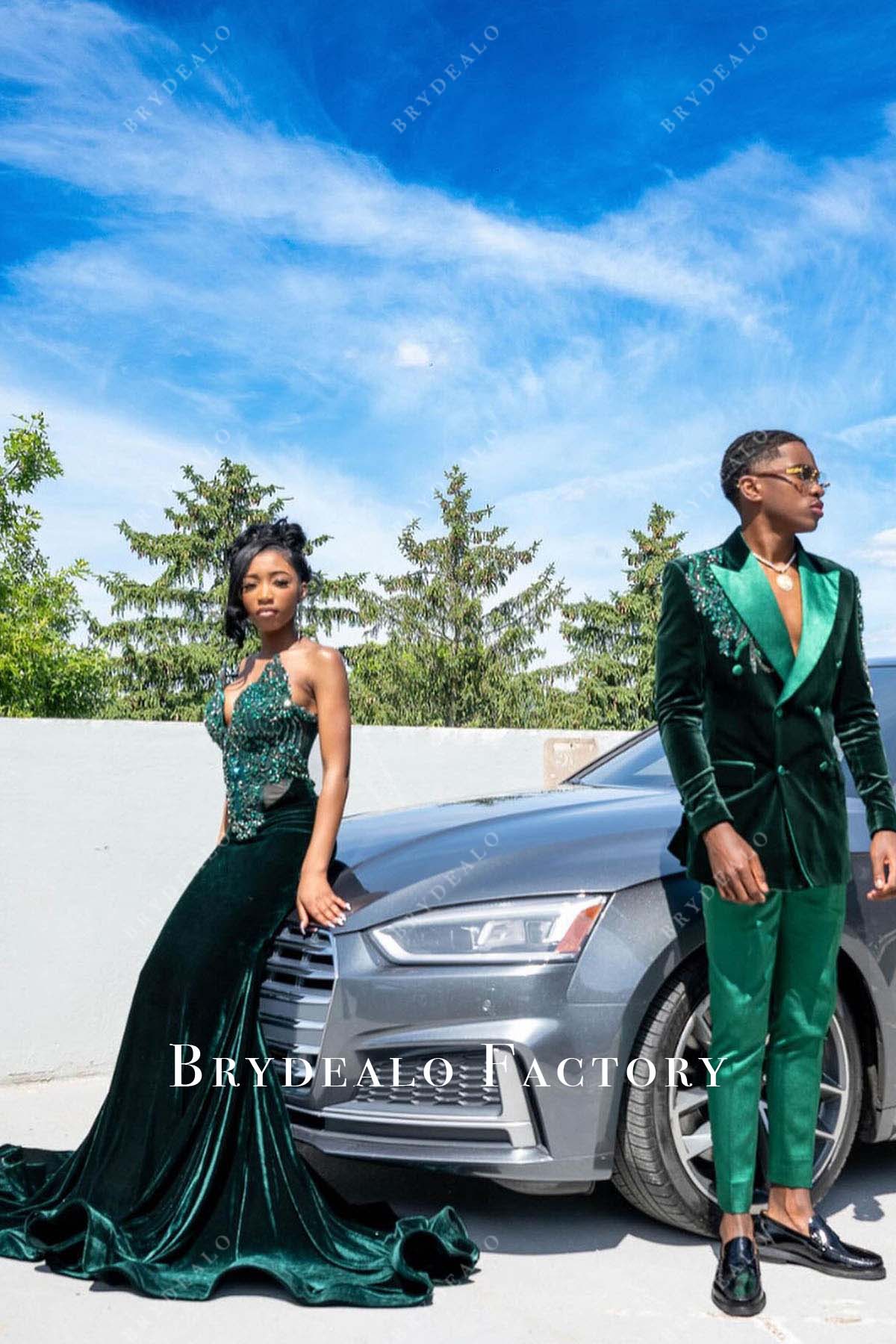 dark green rhinestones trumpet prom dress