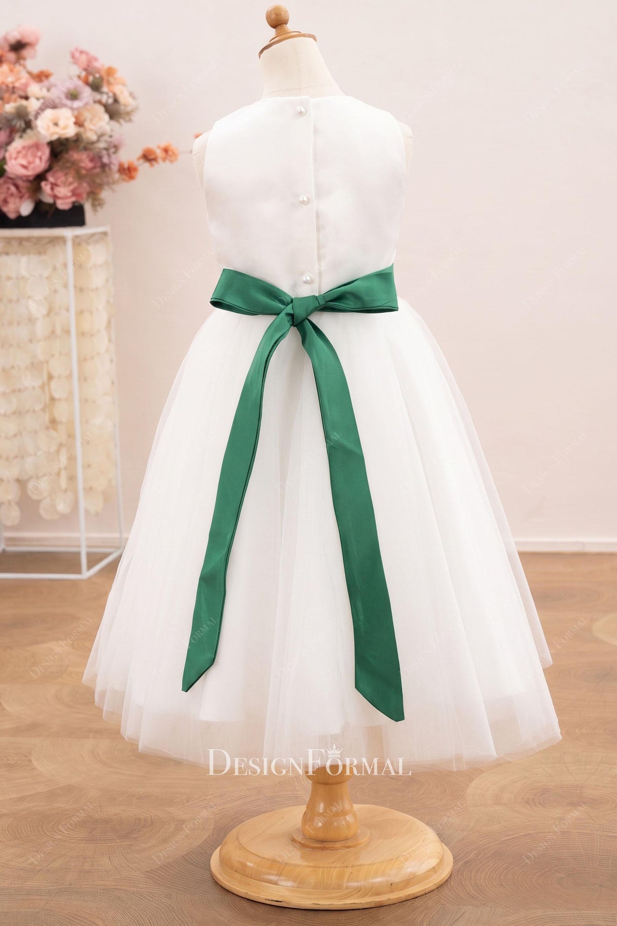 dark green satin belt flower girl dress