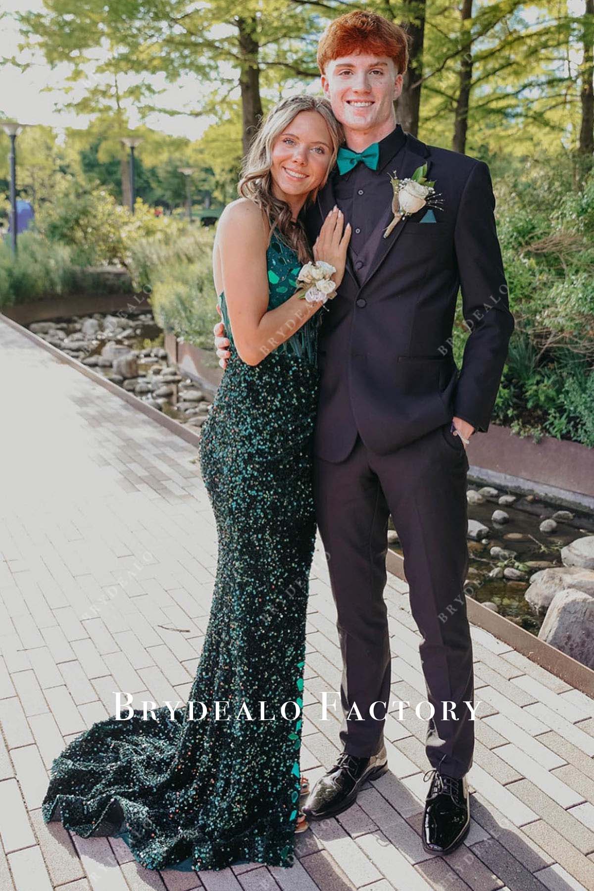 dark green sequined halter mermaid homecoming dress