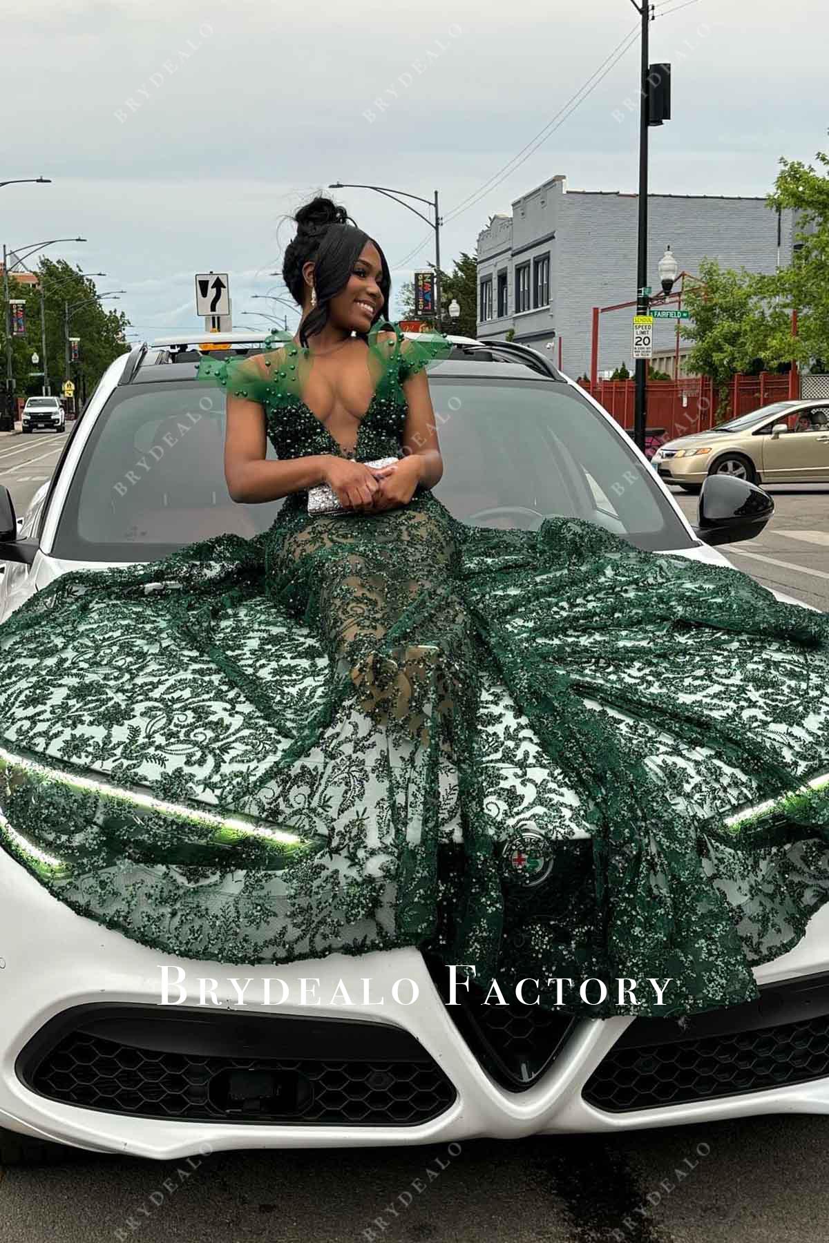 dark green sequined sleeveless trumpet prom dress