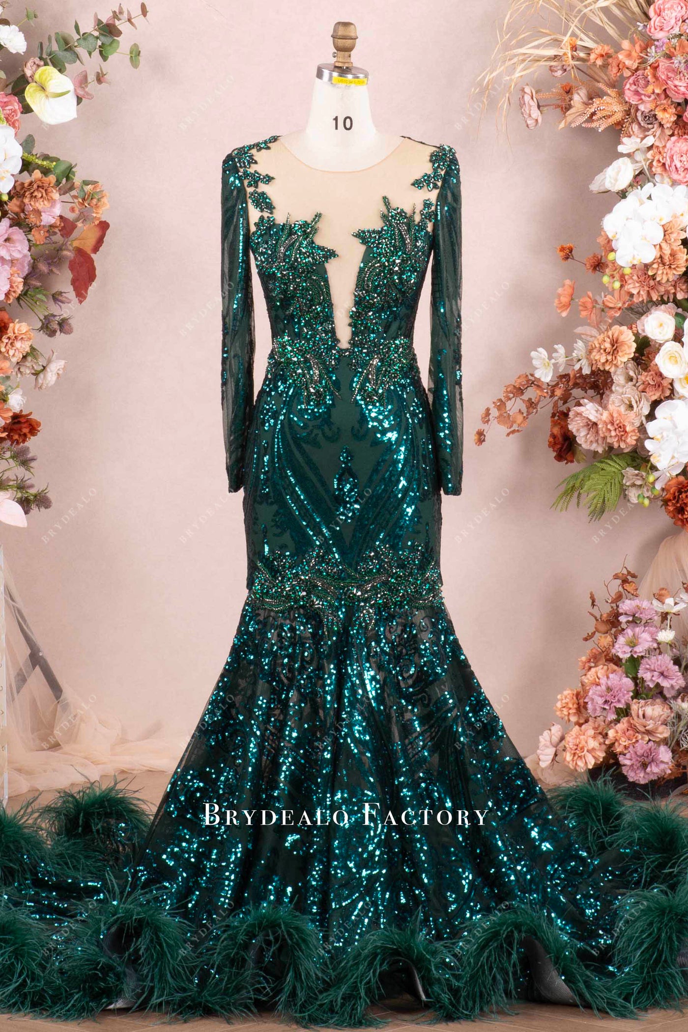 Sparkly Dark Green Sequin Feather Long Prom Dress