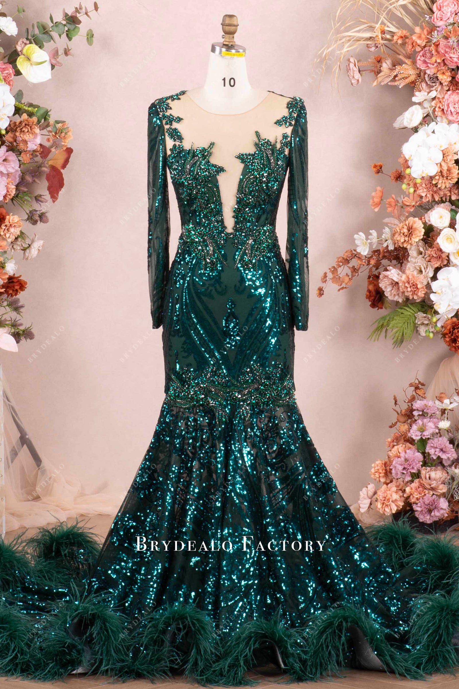 Sparkly Dark Green Sequin Feather Long Prom Dress