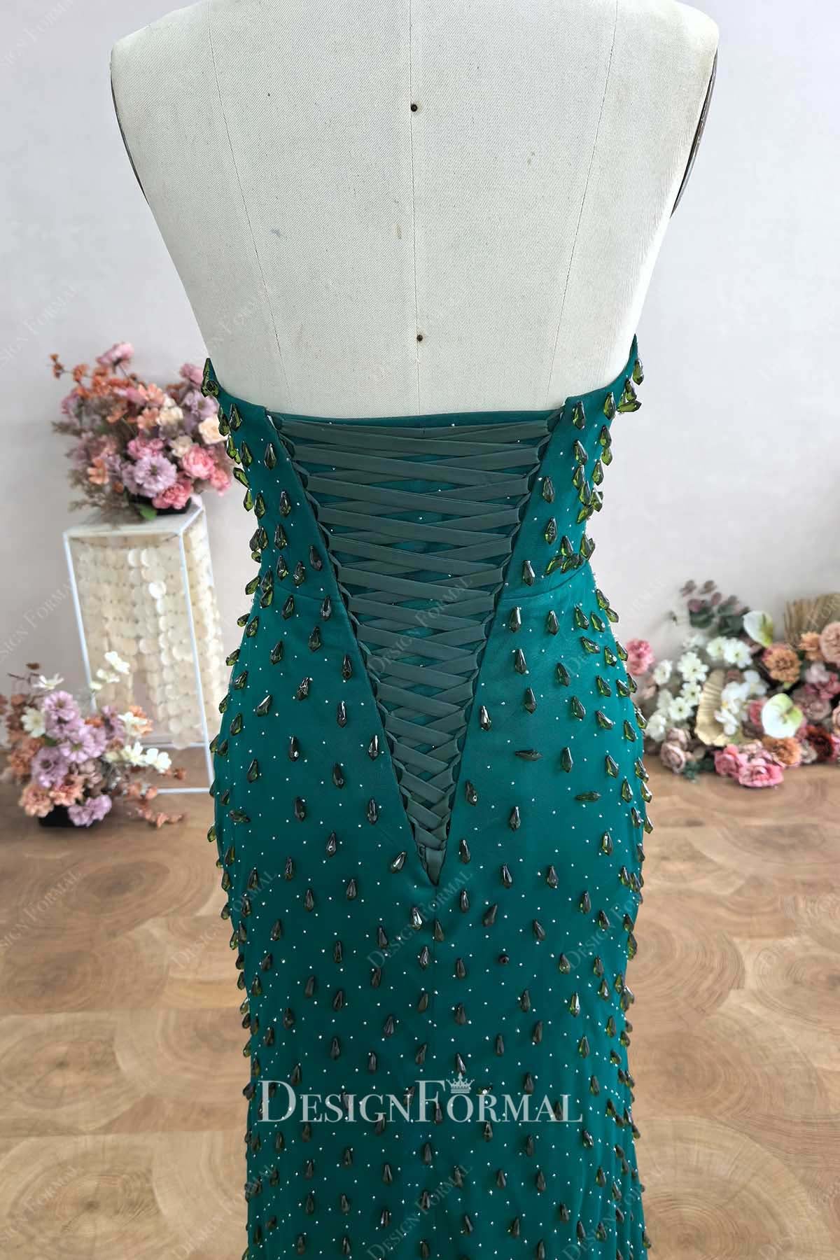 dark green strapless lace up back prom dress