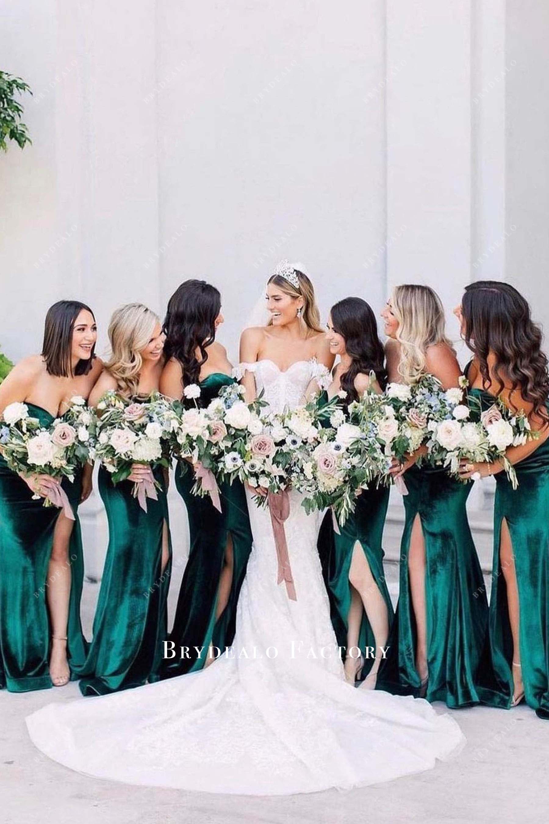 dark green velvet strapless slit bridesmaid dress