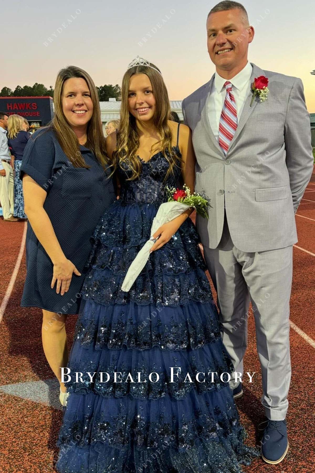 Dark Navy a line floor length homecoming dress