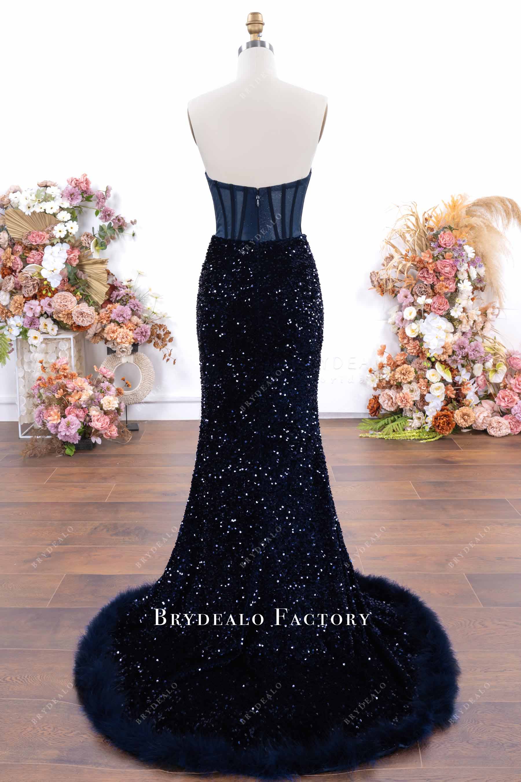 dark navy court train prom dress