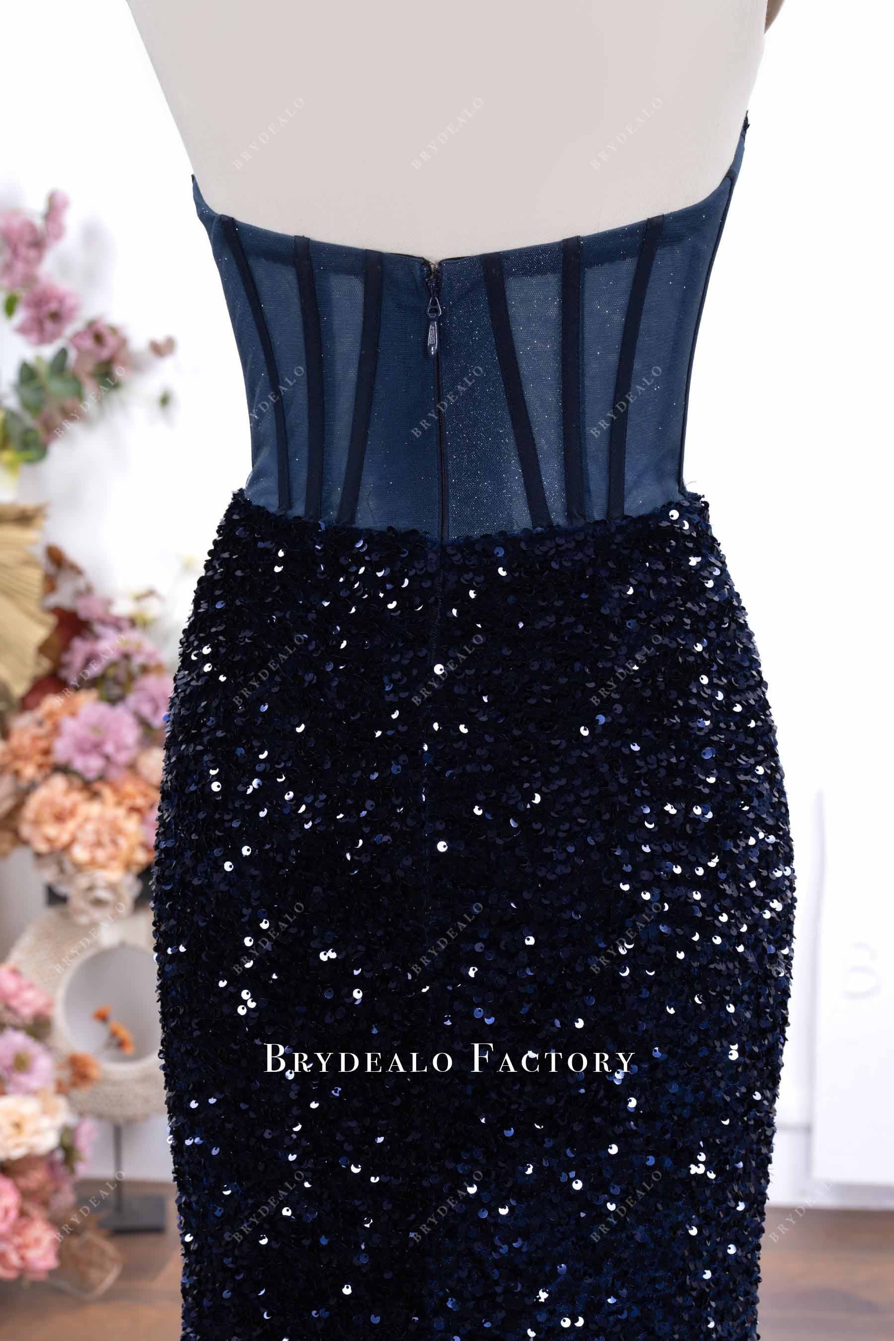 dark navy illusion corset back prom dress