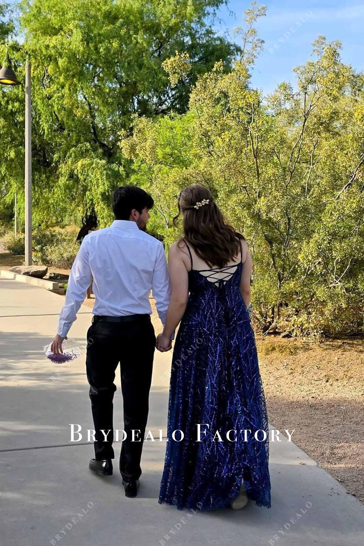 dark navy lace up back prom dress