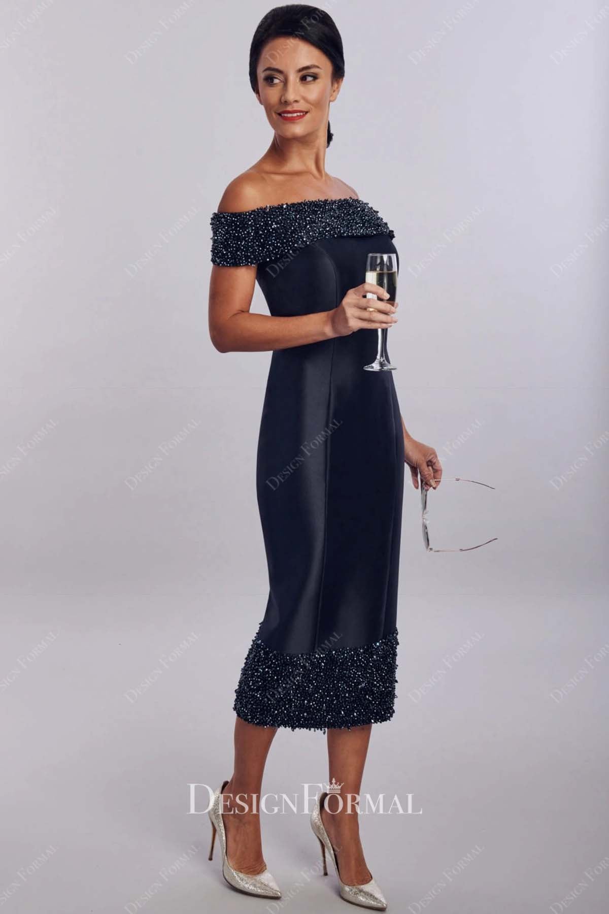 dark navy off the shoulder mother of the bride dress