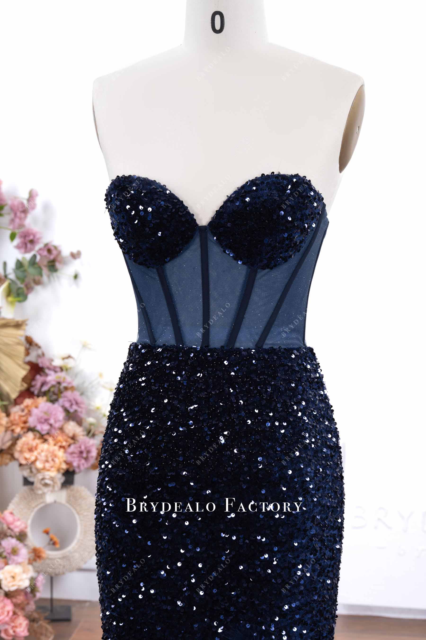 dark navy sweetheart neck corset back prom dress