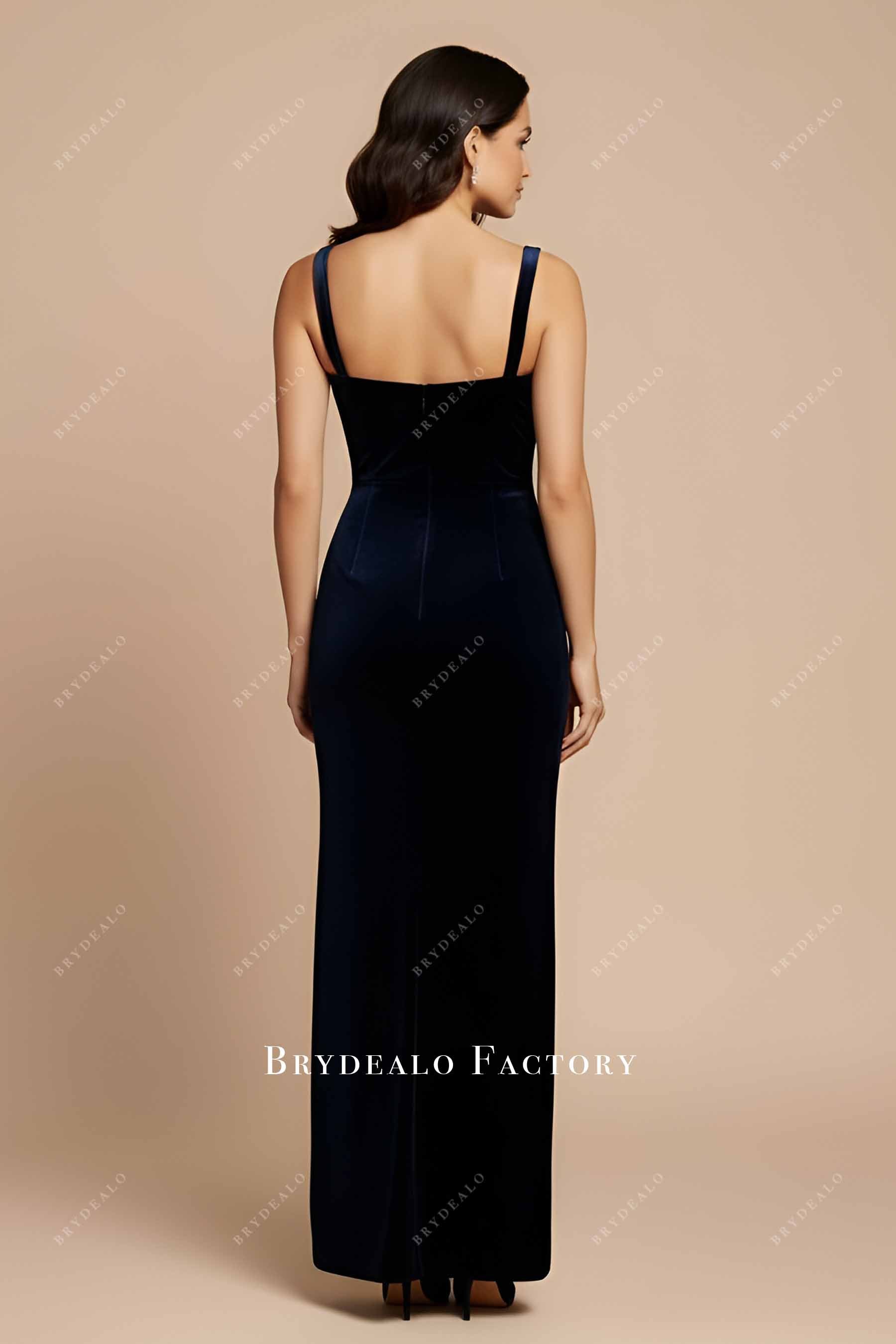 dark navy velvet floor length prom dress