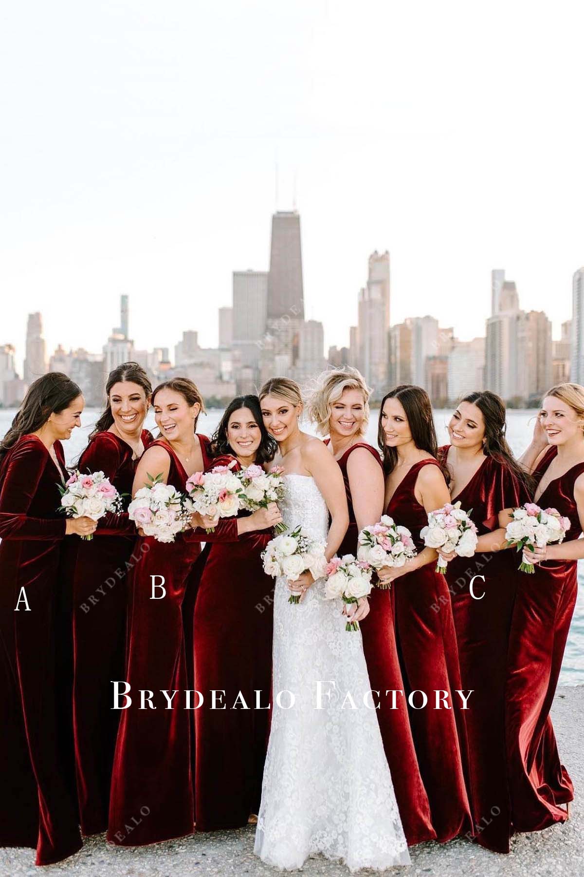 dark red velvet mismatched bridesmaid gowns