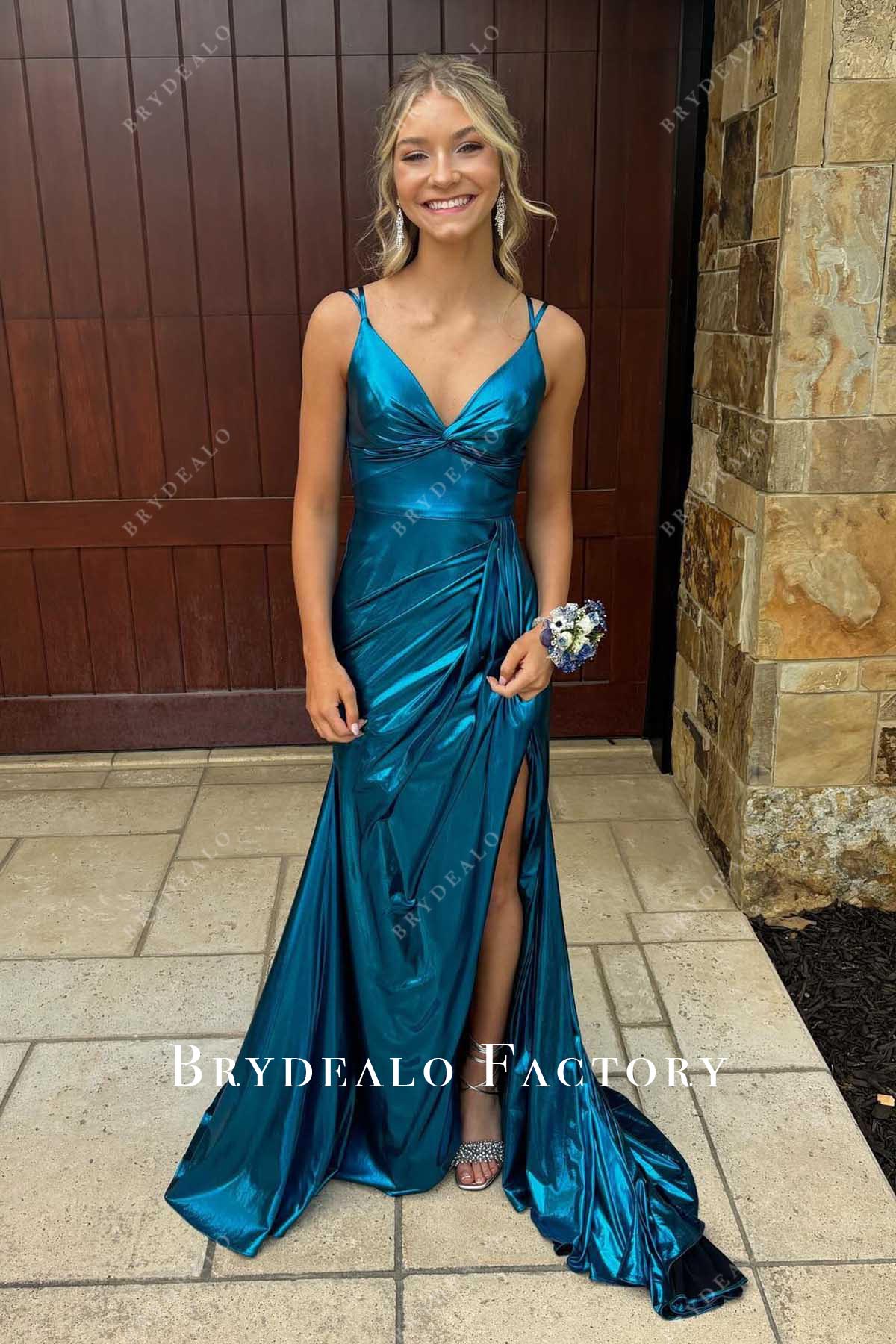 deep blue v neck pleated slit prom dress