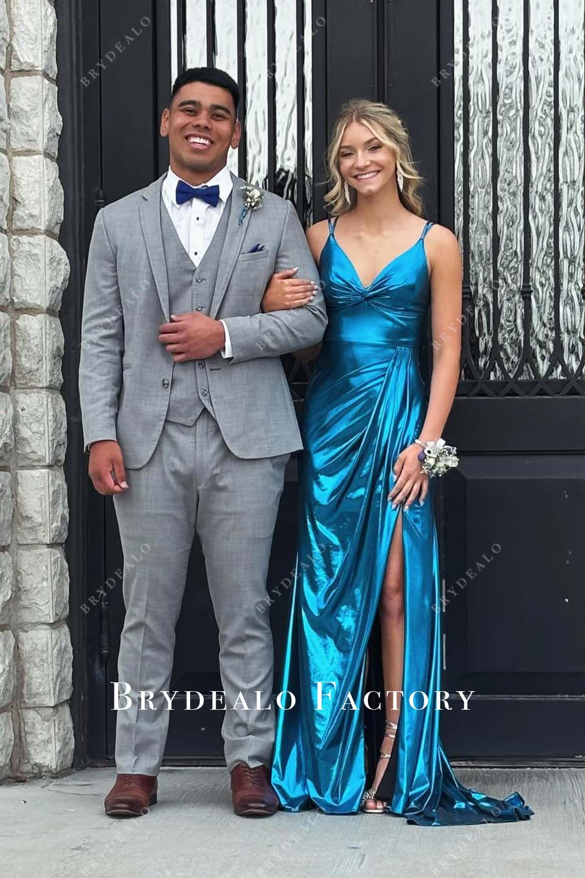 deep blue v neck pleated sweep train prom dress