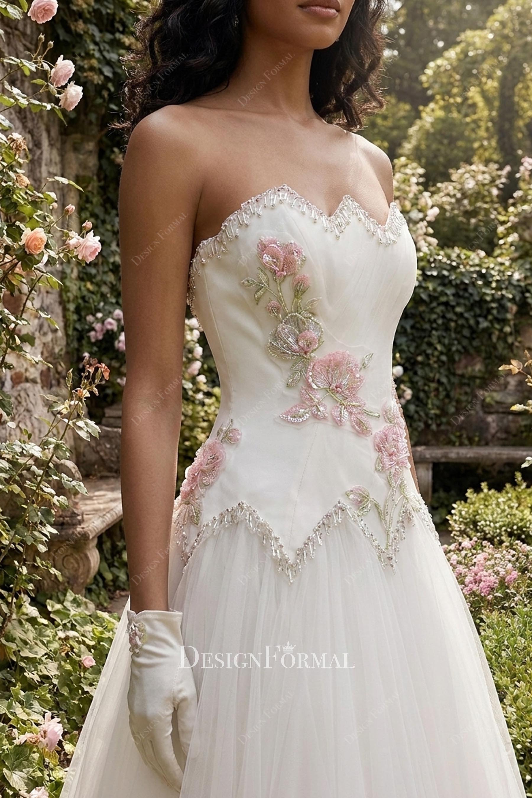 delicate beading curved neckline wedding dress