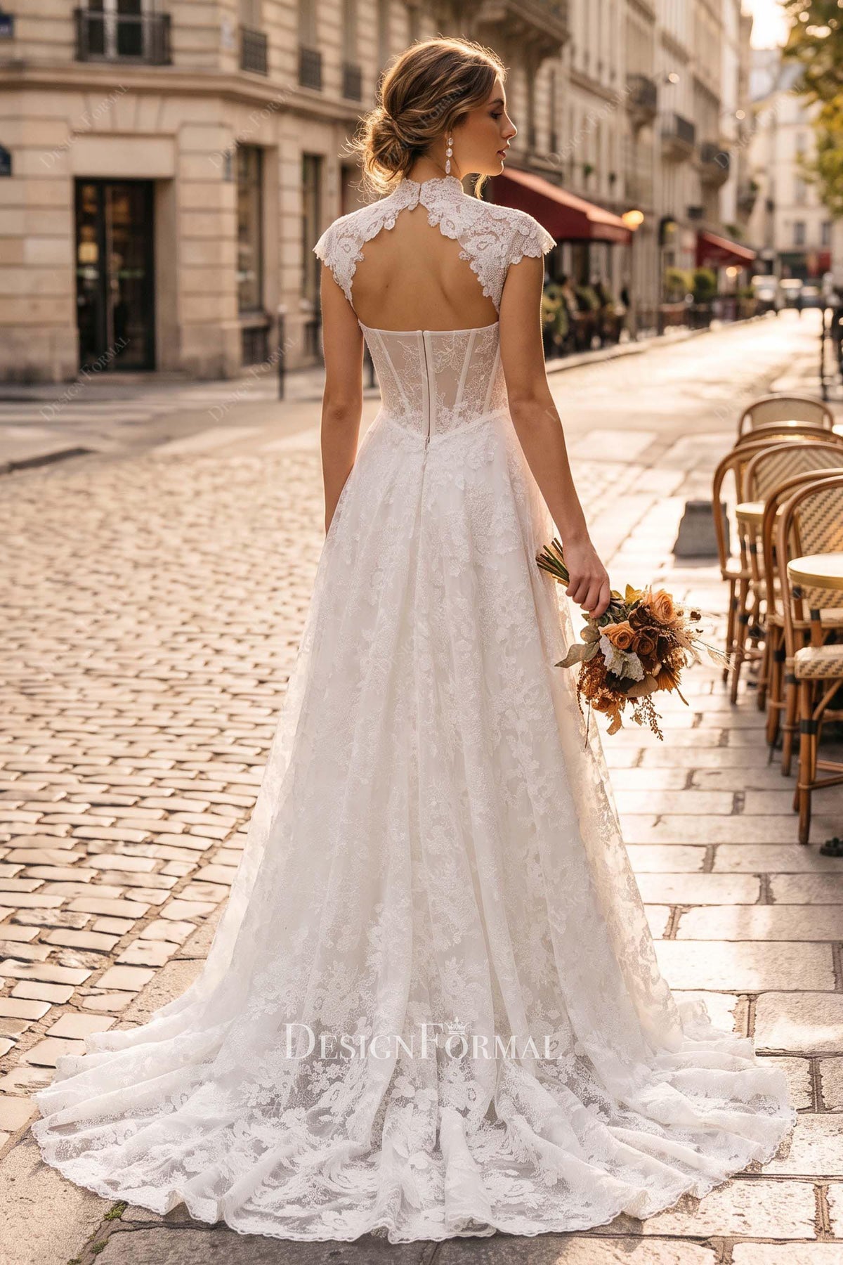 delicate floral lace court train wedding dress