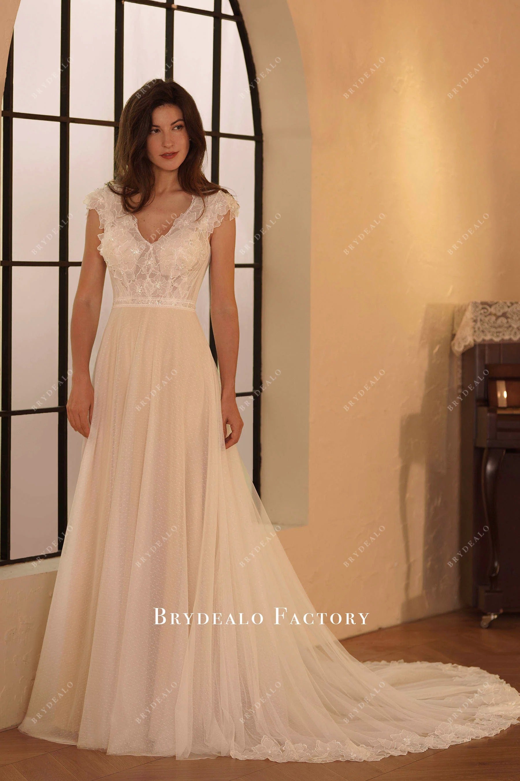 delicate flower lace Aline wedding dress