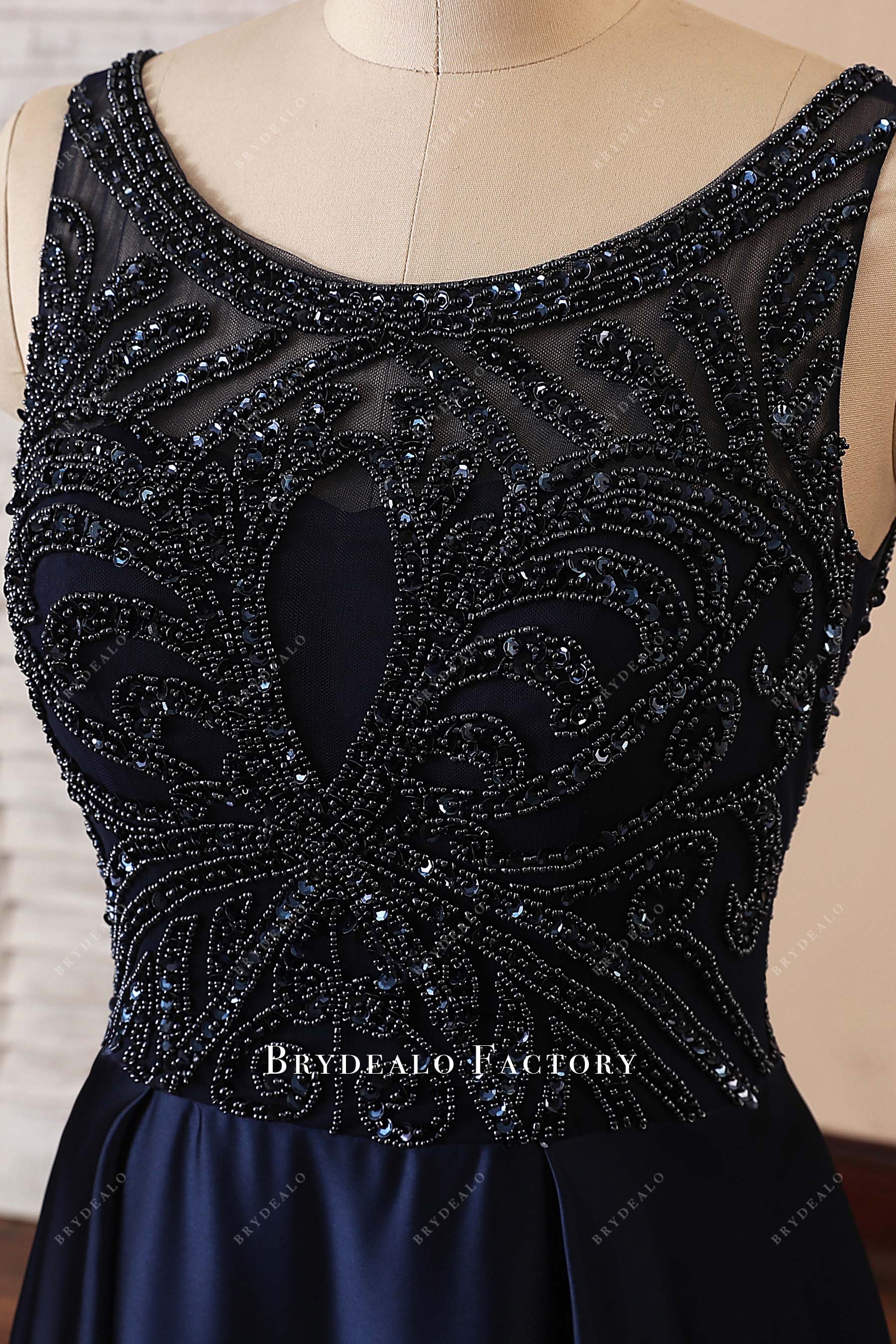 luxury beaded boat neck sleeveless navy formal dress