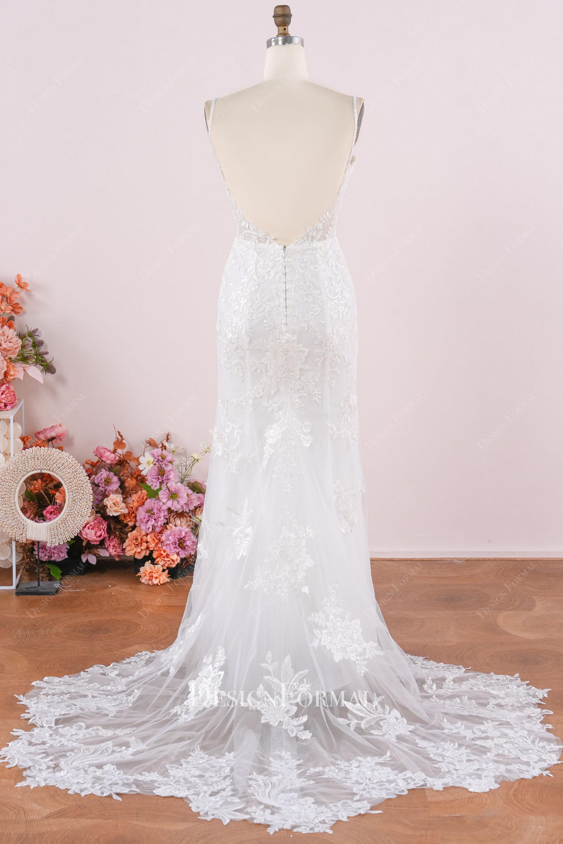 delicate lace appliques chapel train wedding dress