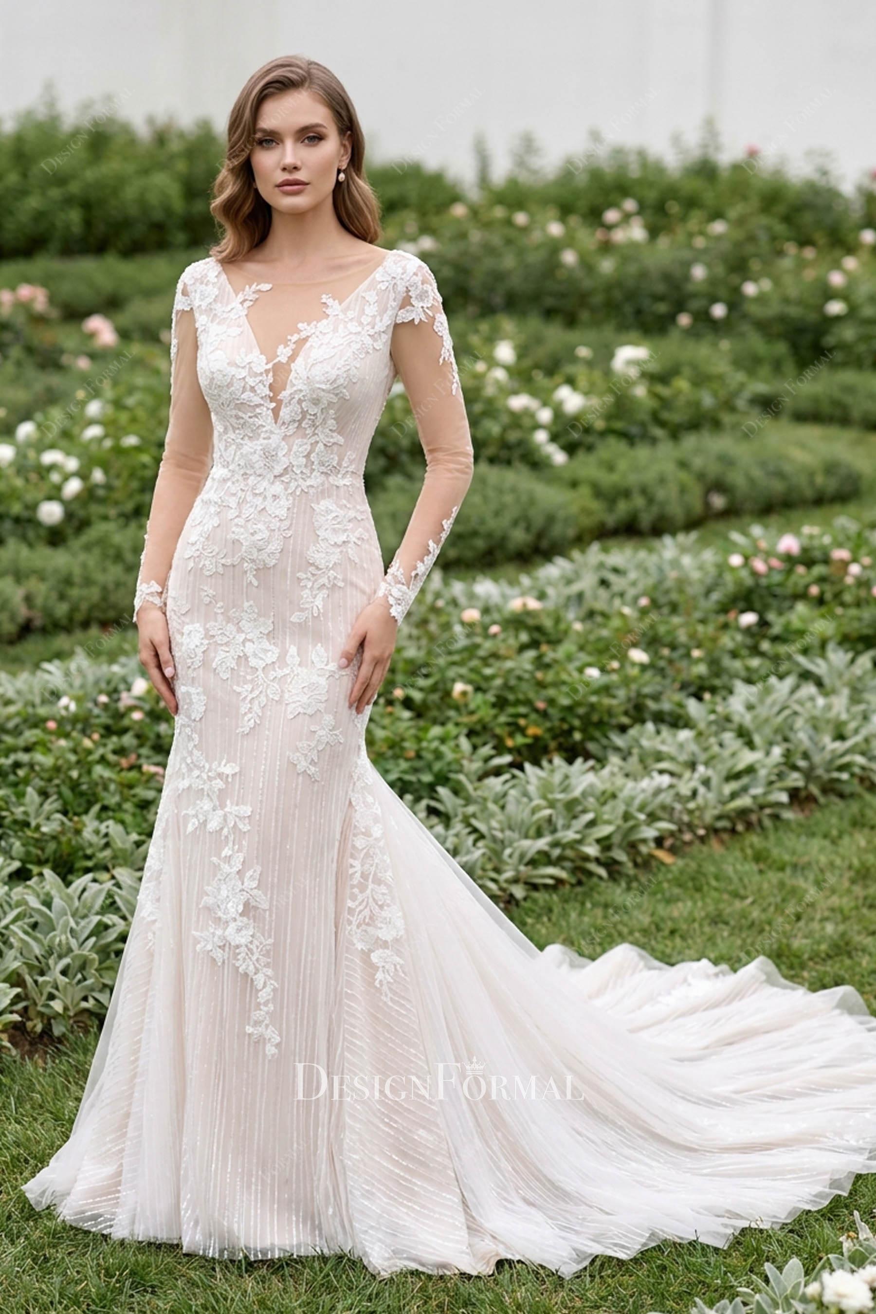 Designer Lace Long Sleeve Mermaid Sparkly Modern Wedding Dress