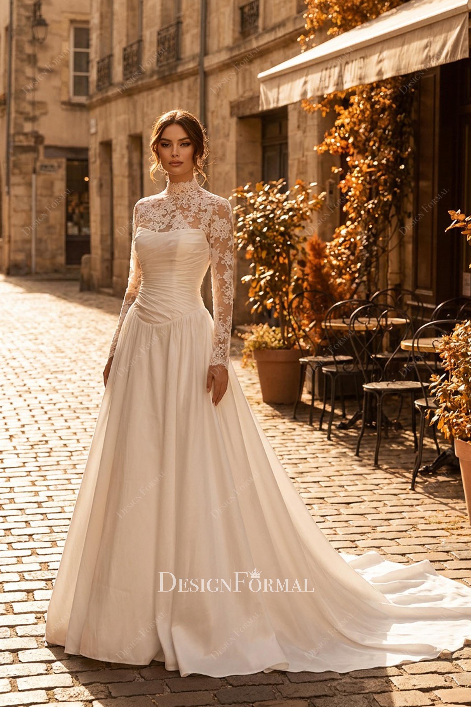 delicate lace long sleeves wedding dress