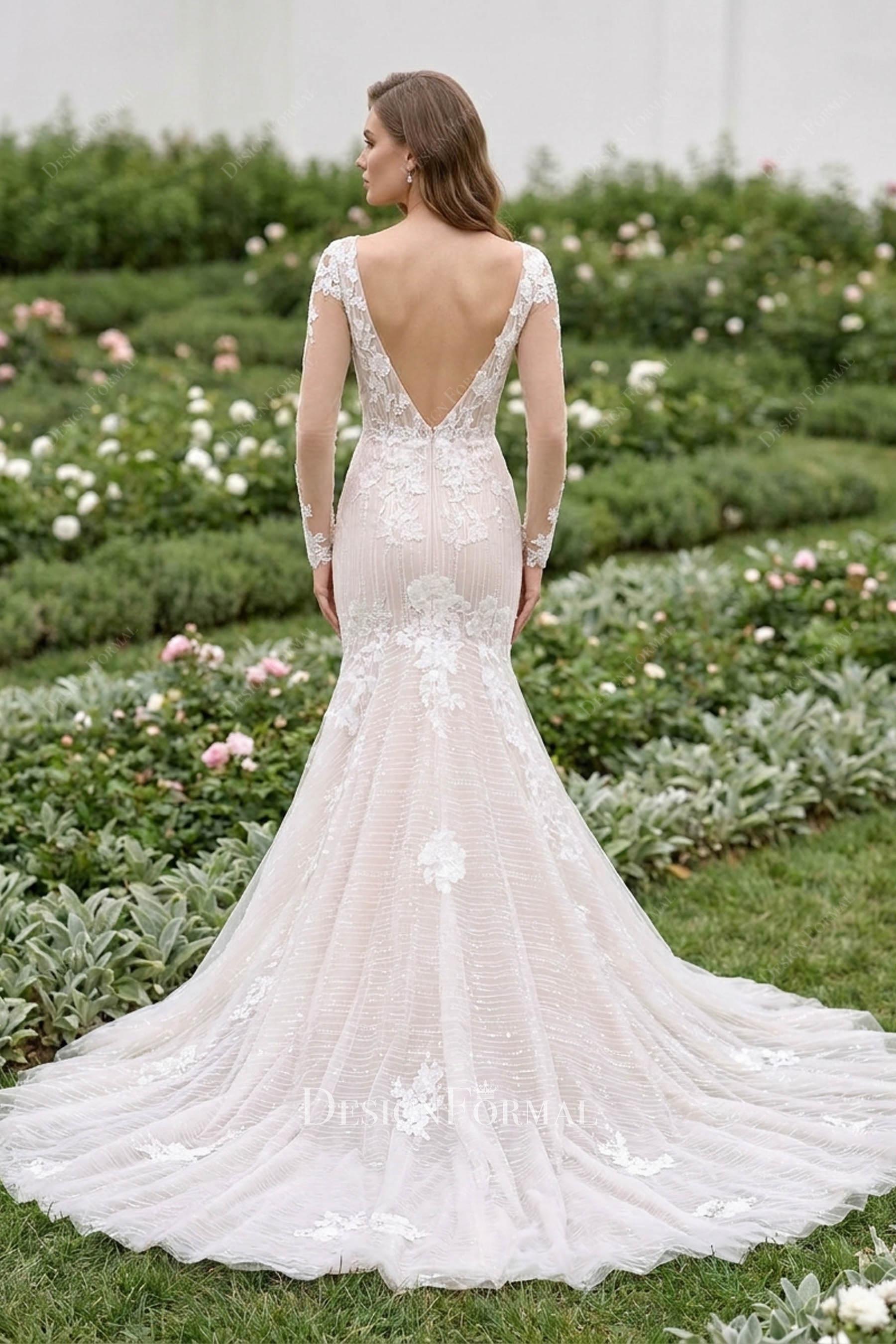 Designer Lace Long Sleeve Mermaid Sparkly Modern Wedding Dress