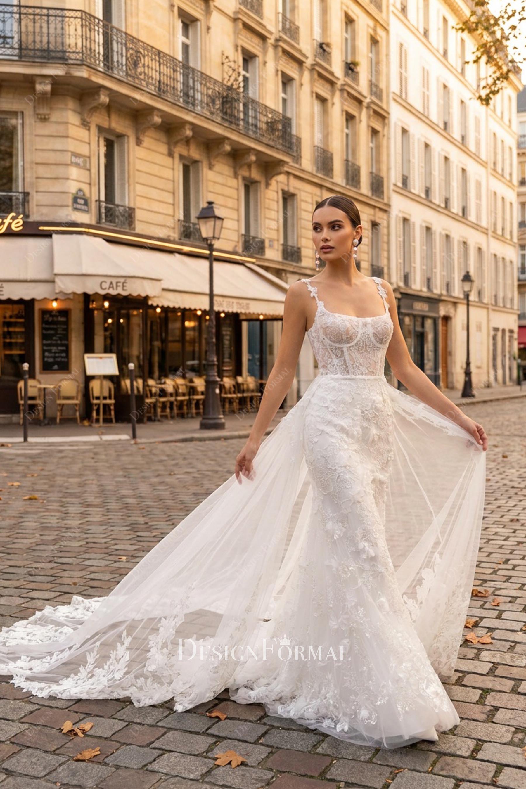 delicate lace visible boning wedding dress