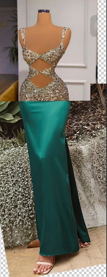 Custom Sparkly Beading Sequins Floor Length Slit Prom Dress