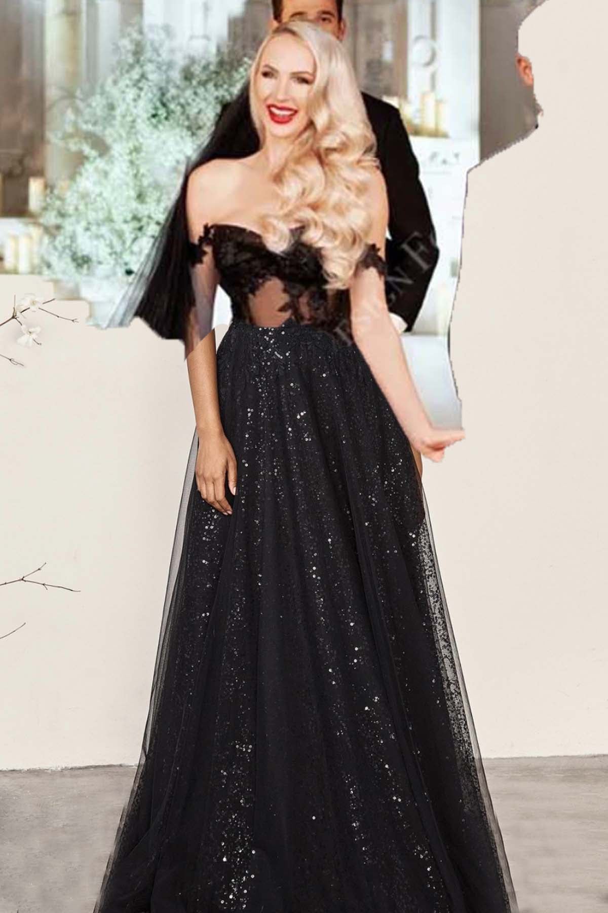 Custom Black Lace Glitter Slim A-line Floor Length Wedding Dress