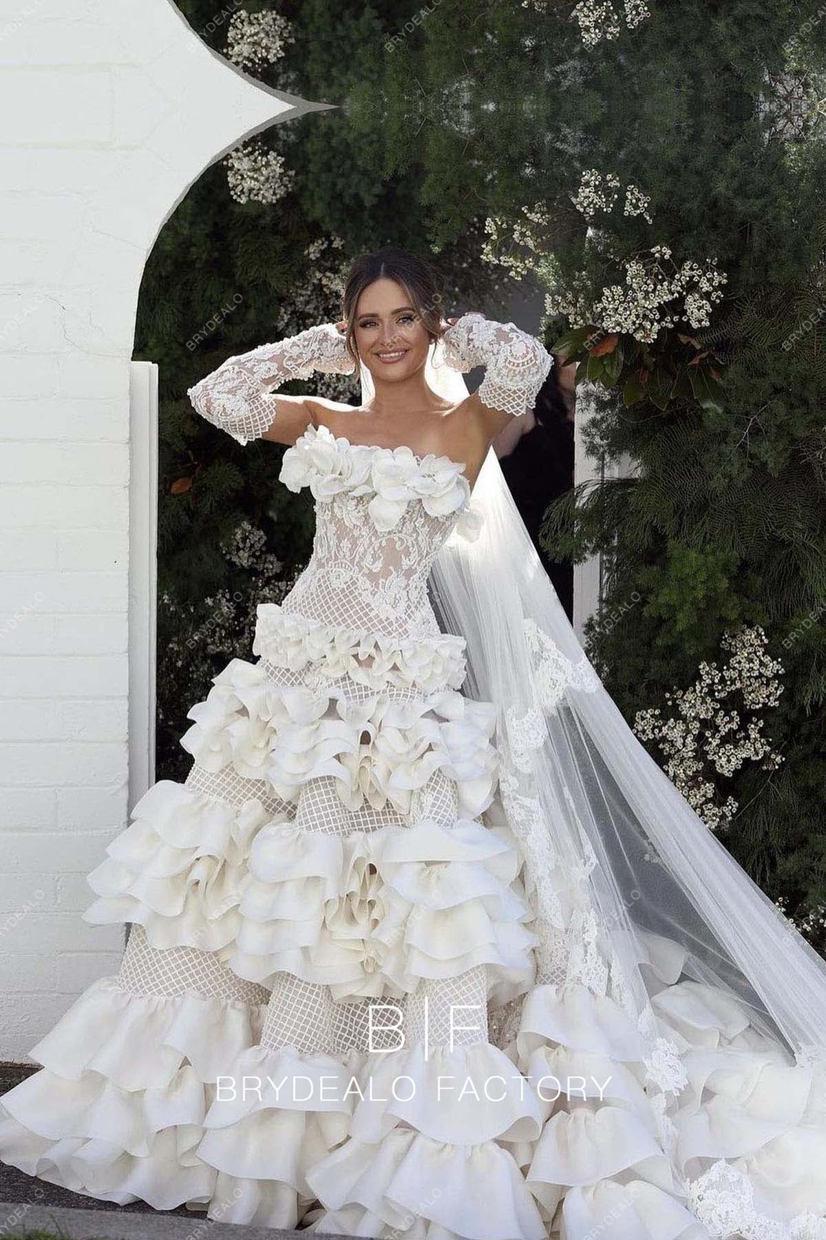 Off-shoulder Designer Lace Ruffles Ball Gown Wedding Dress
