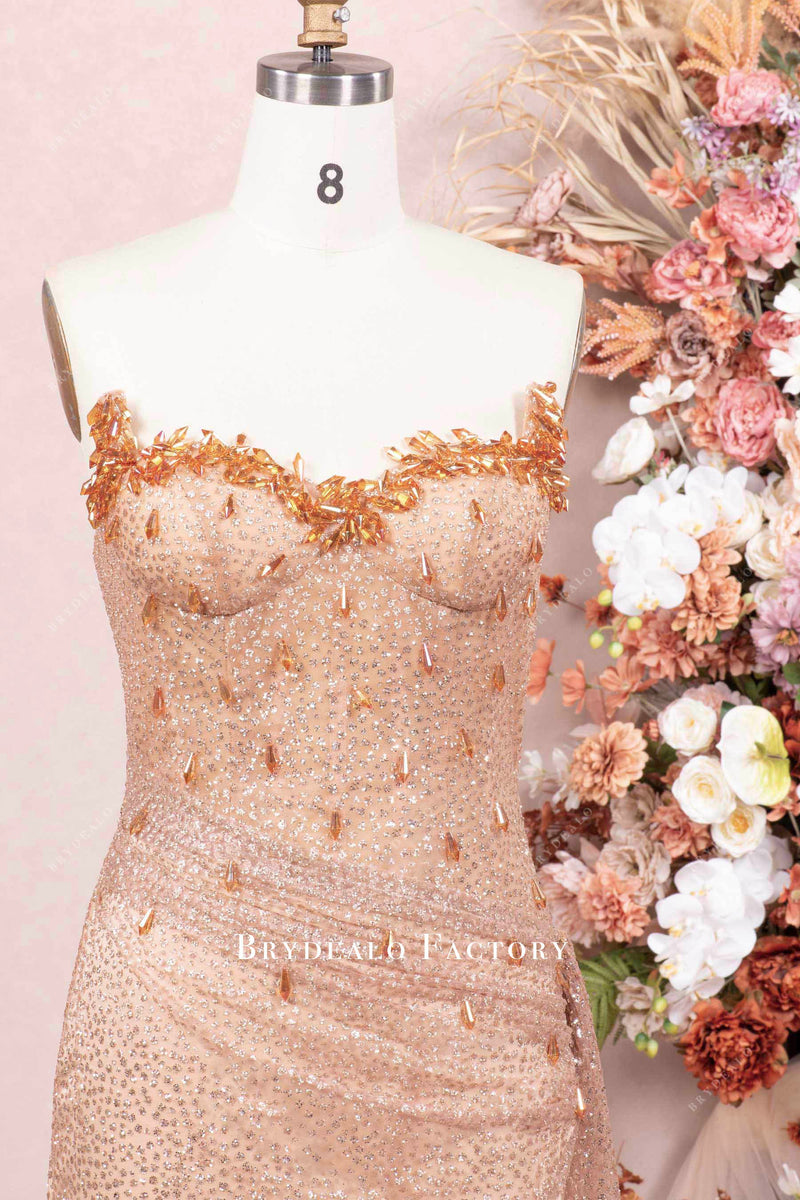 Rhinestone Sheer Corset Pleated Dress With Slit Sky Blue