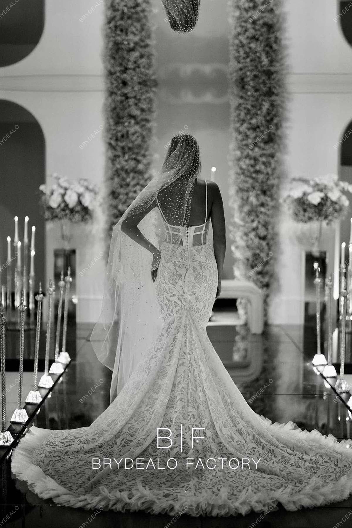 Designer Lace Illusion Back Custom Long Train Bridal Dress