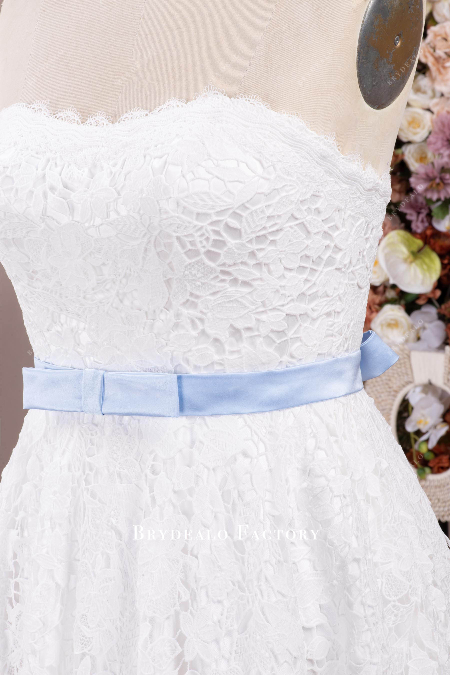 detachable sky blue satin knot sash wedding dress