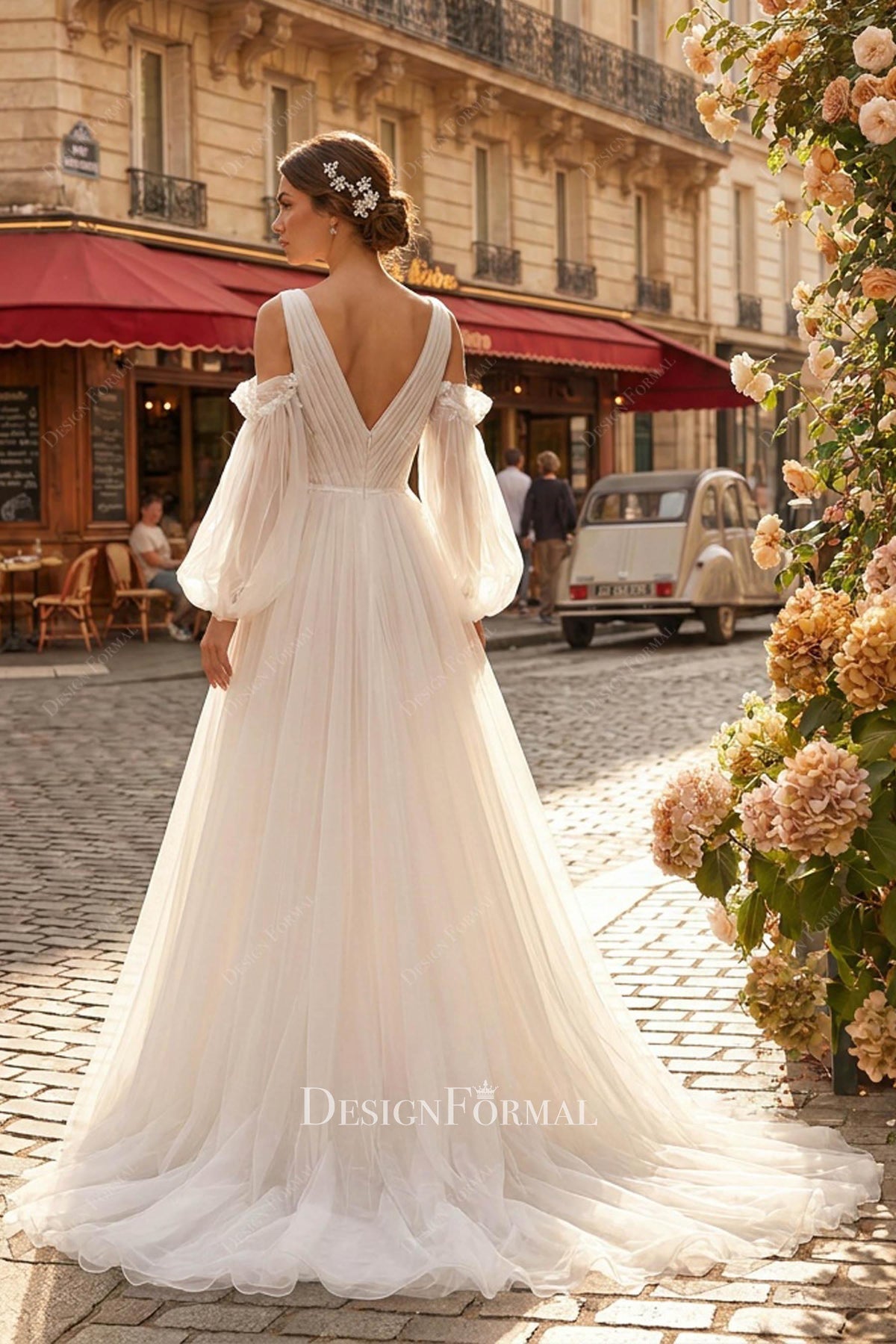 detachable sleeve tulle wedding dress