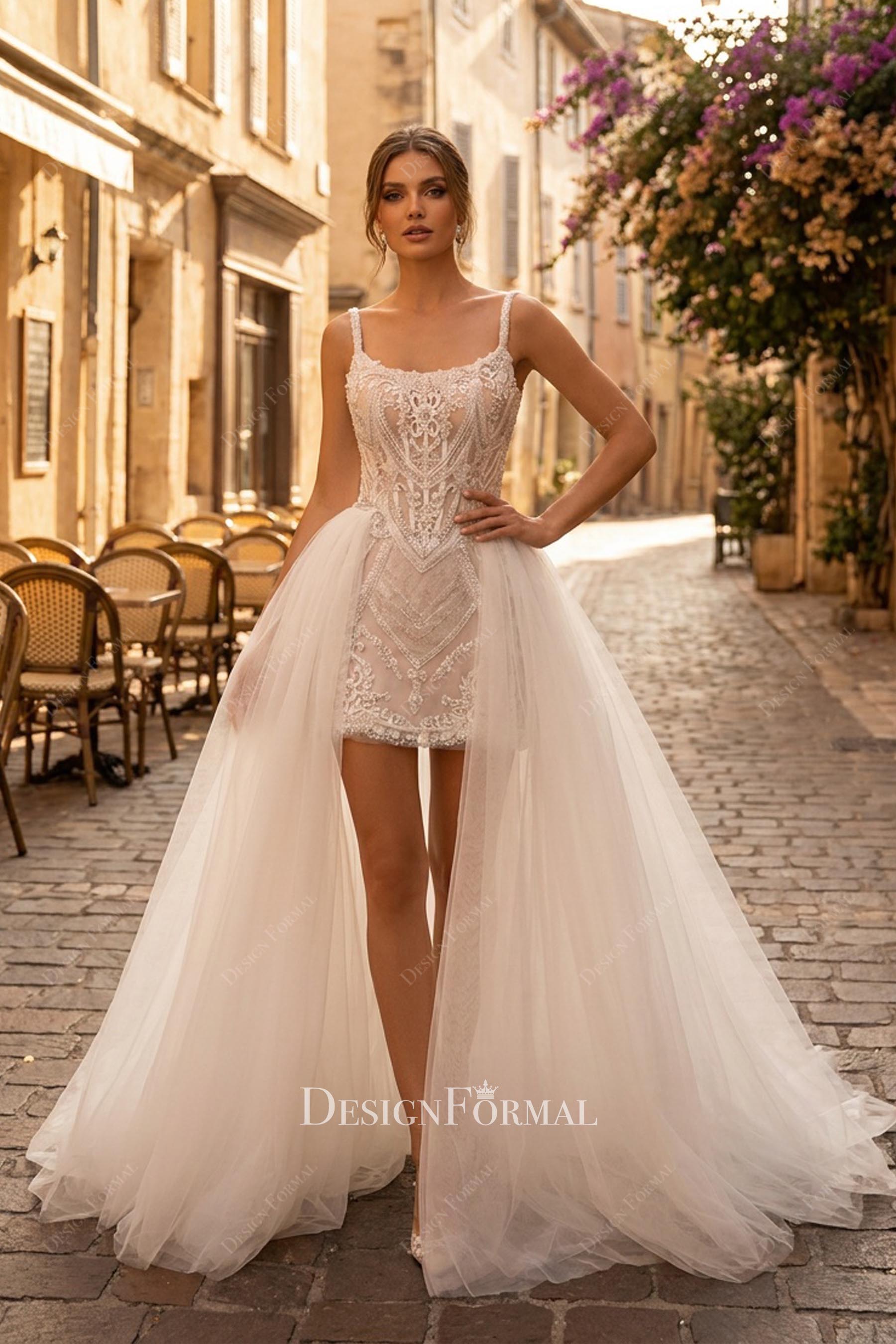 detachable tulle overskirt mini bridal dress
