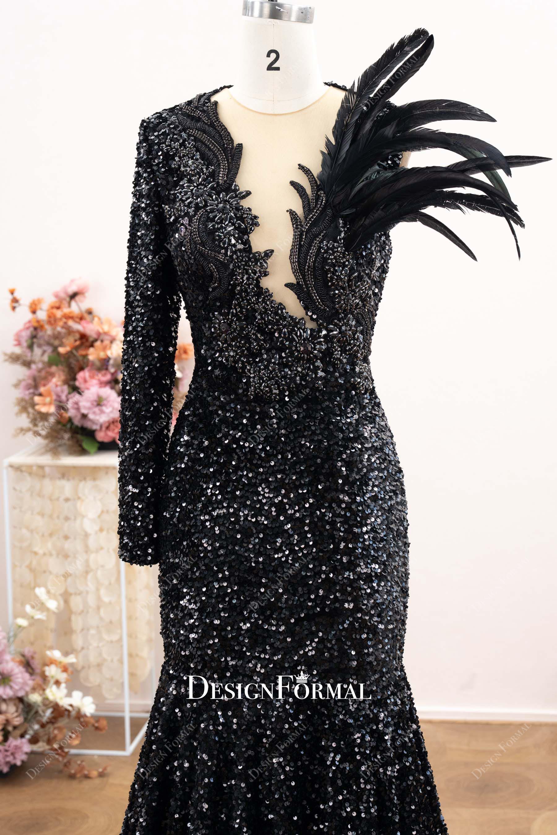 Black Sparkly Feather Brooch Long Prom Dress