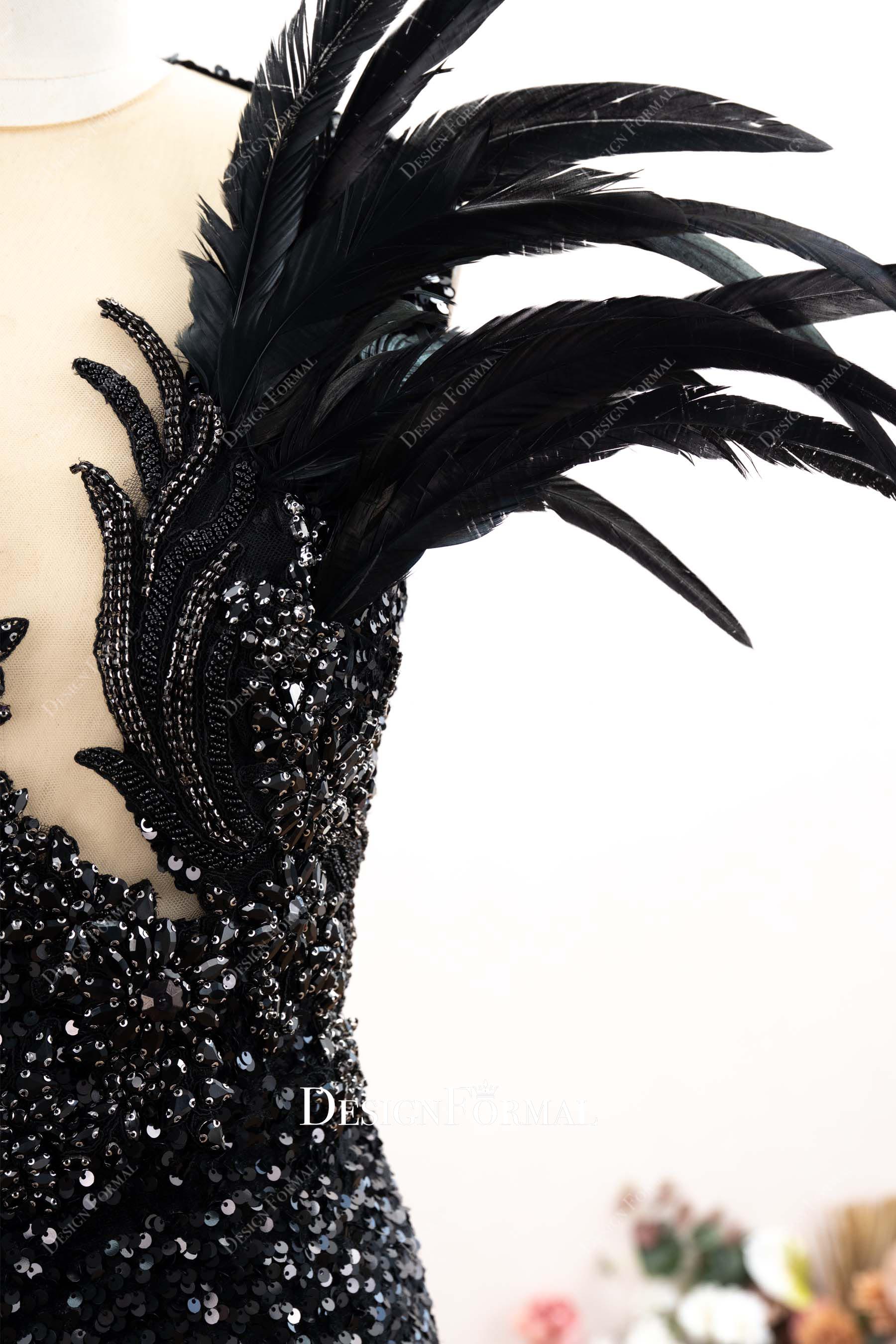Black Sparkly Feather Brooch Long Prom Dress Black Sparkly Feather Brooch Long Prom Dress