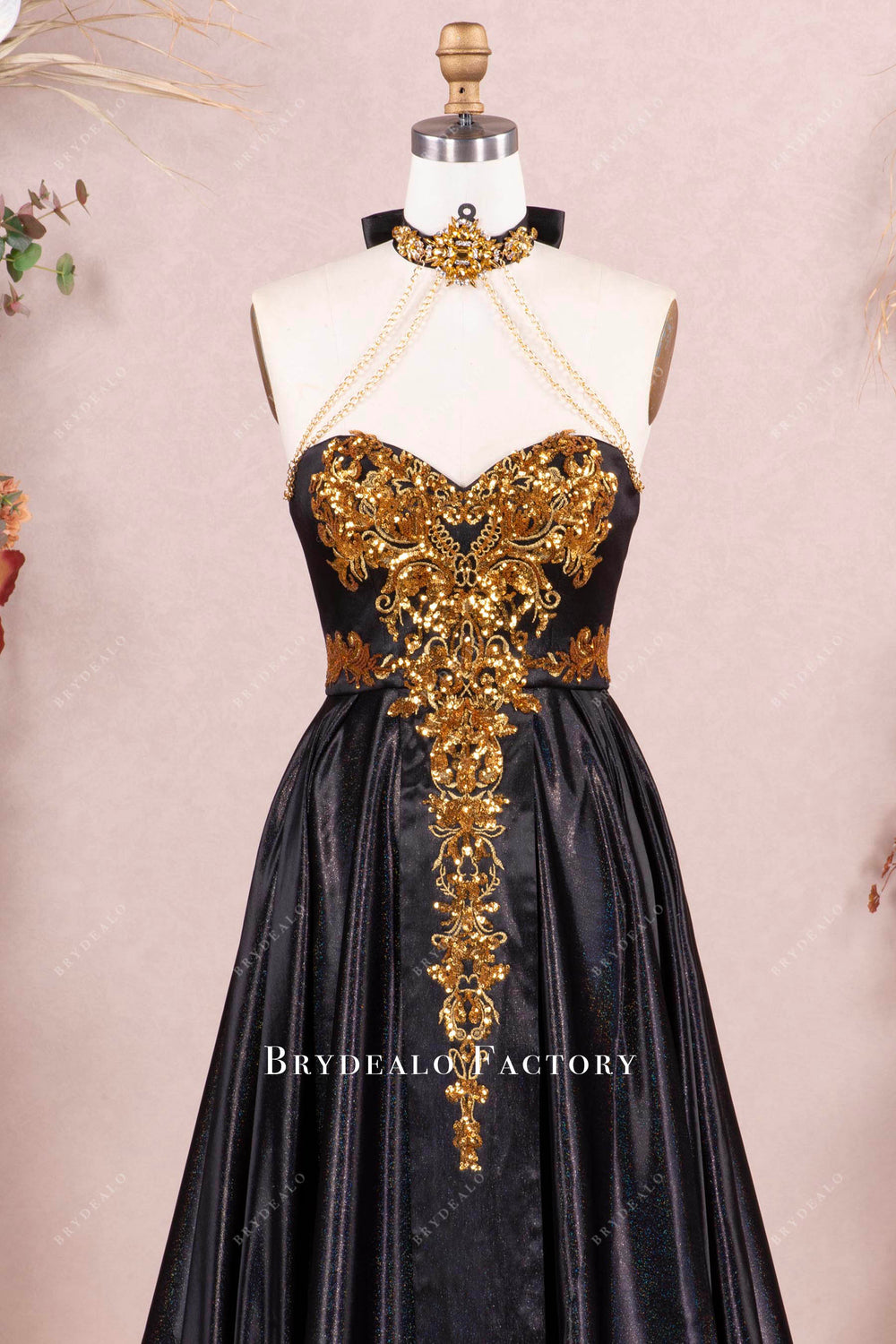 Dramatic Gold Black Shimmery Gold Applique Choker Prom Dress