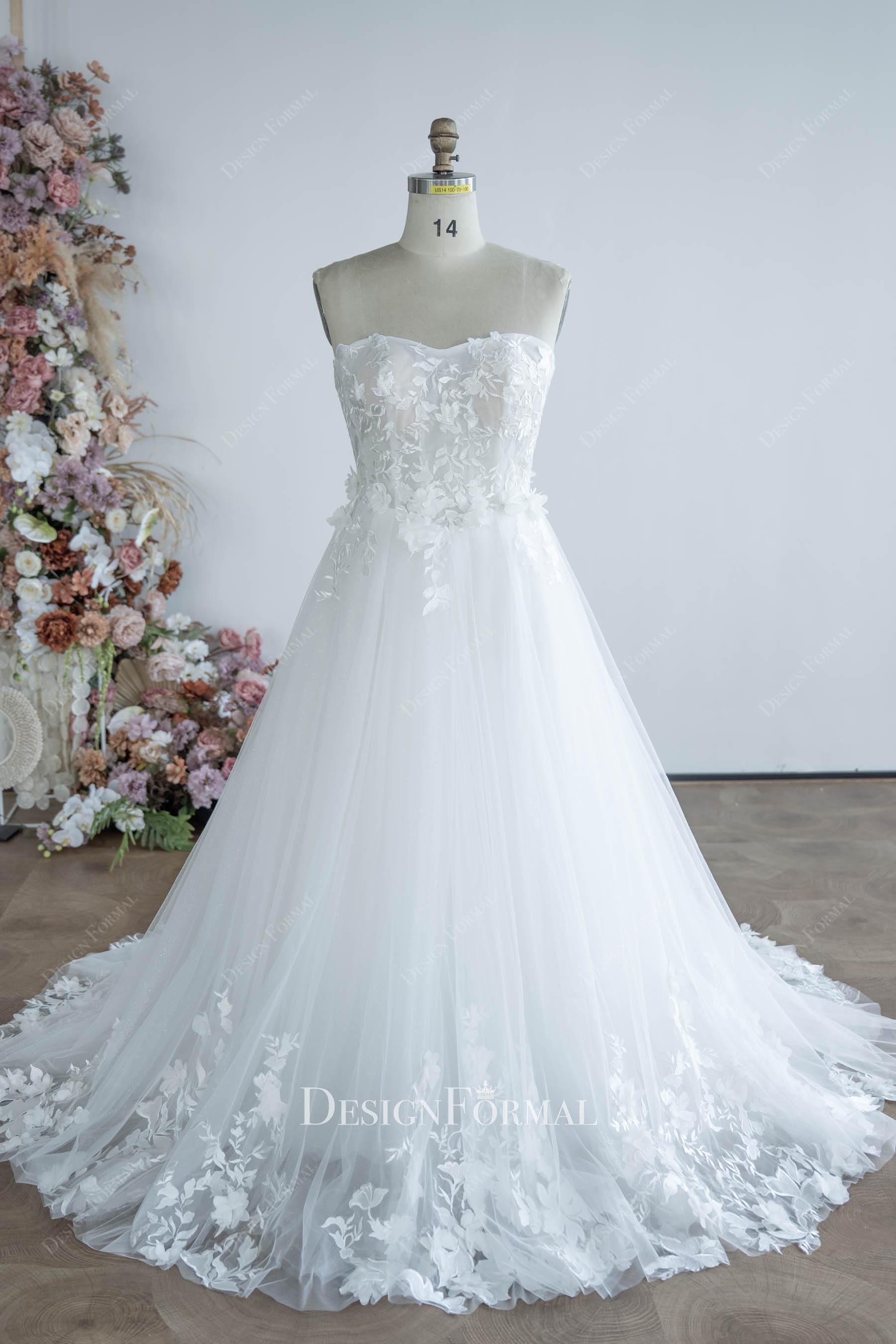 dreamy strapless flower lace Aline bridal gown